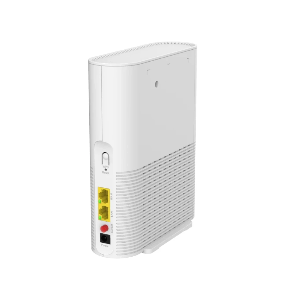 Biały router z portami i przyciskami. Złącze zasilania.