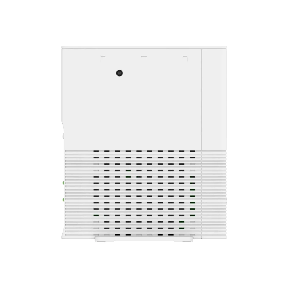 Biały router z otworami wentylacyjnymi i światłami.