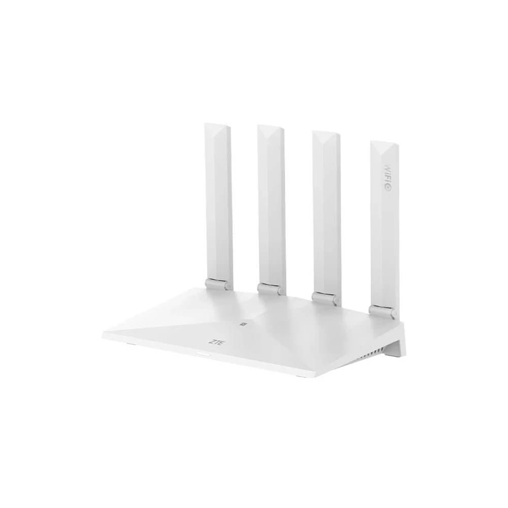 Biały router z czterema antenami stoi na białym tle.