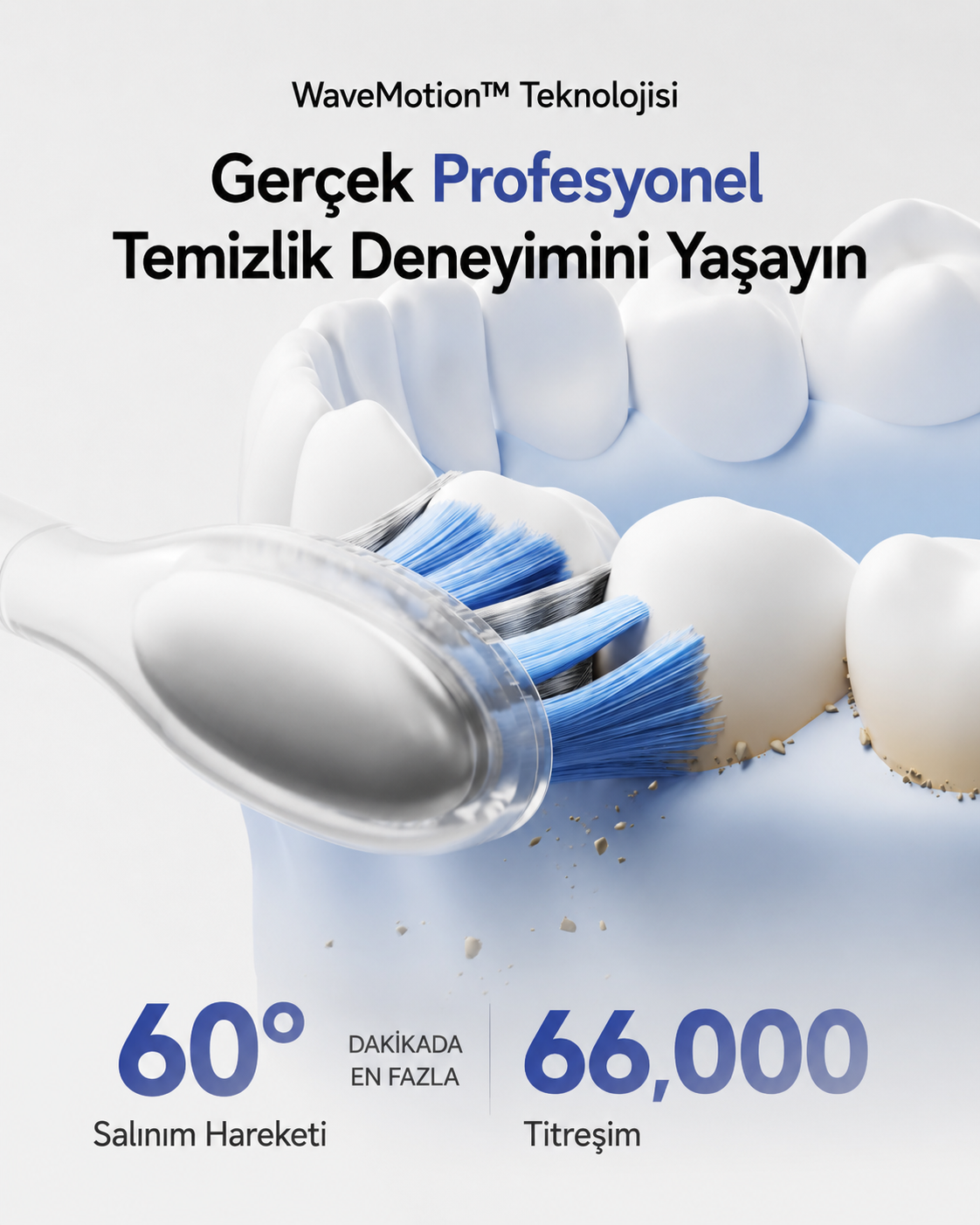 Mavi kıllı elektrikli diş fırçası beyaz dişleri temizler. 60° salınım, 66.000 titreşim.