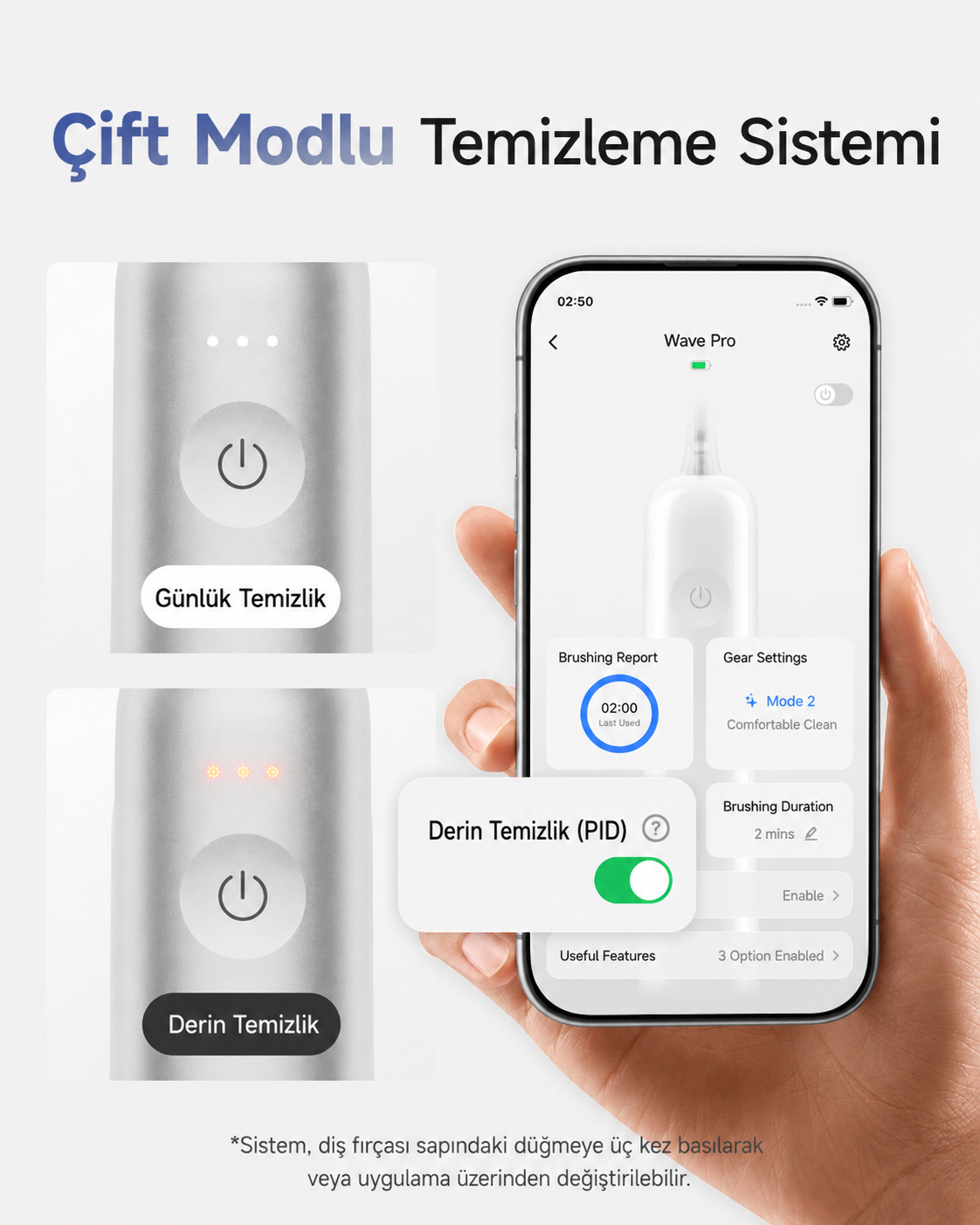 Akıllı telefon, temizleme modlarına sahip elektrikli diş fırçasını gösterir.