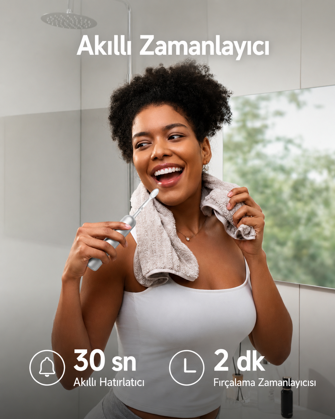 Elektrikli diş fırçalı kadın, 30sn hatırlatıcı, 2dk fırçalama.