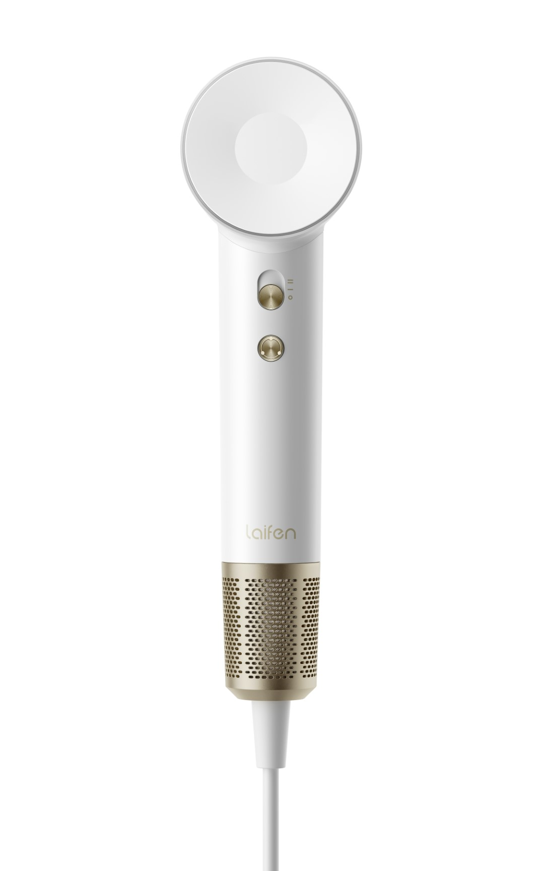 A white hairdryer with a gold vent cover and controls.