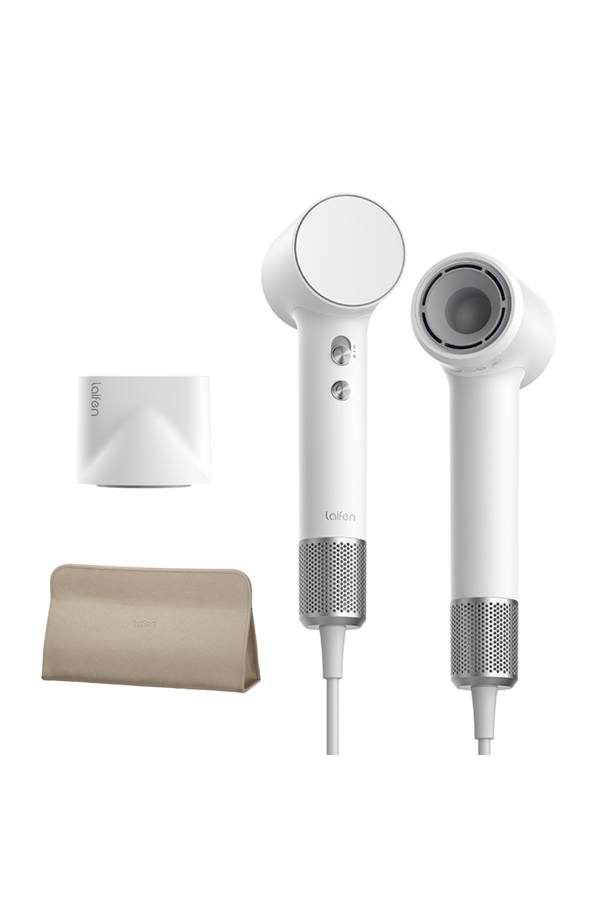 Two white hair dryers, a white charging stand, and a beige pouch.