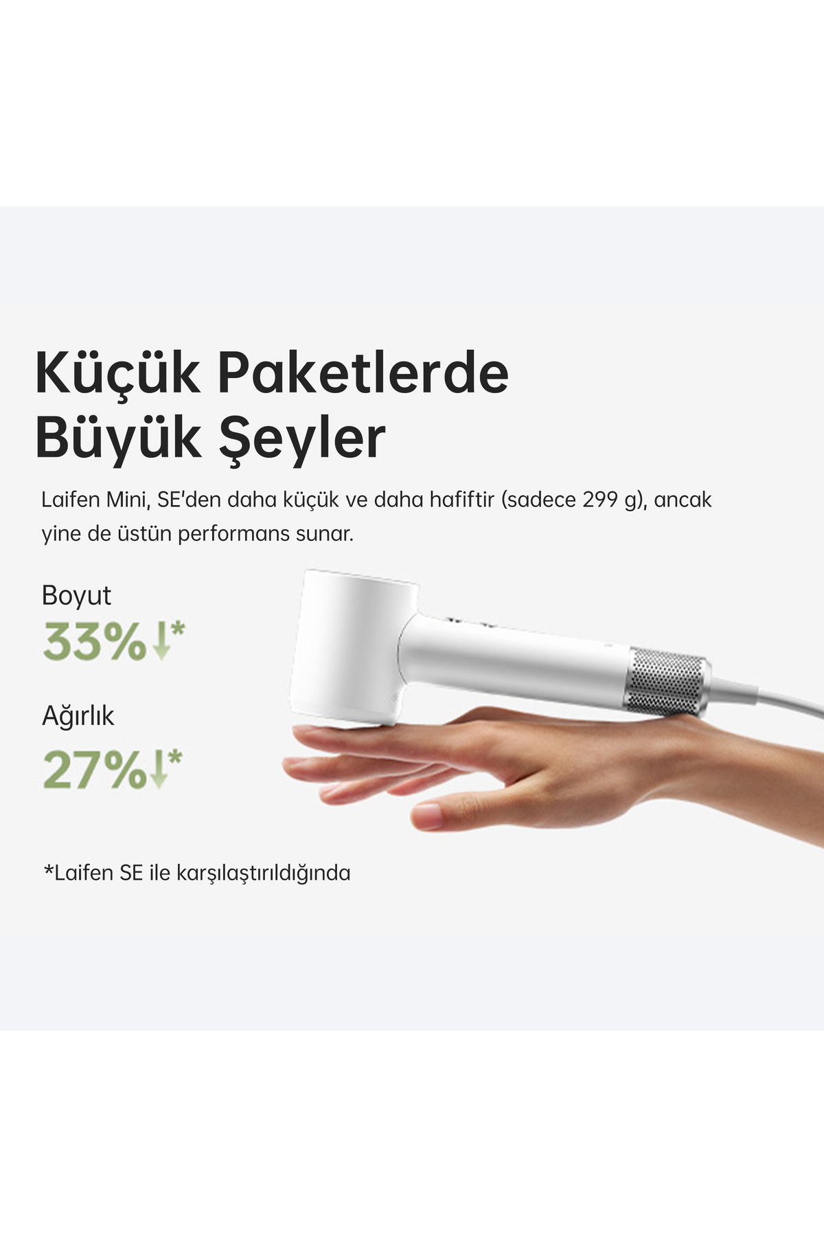 White hairdryer on a hand, 33% smaller, 27% lighter.