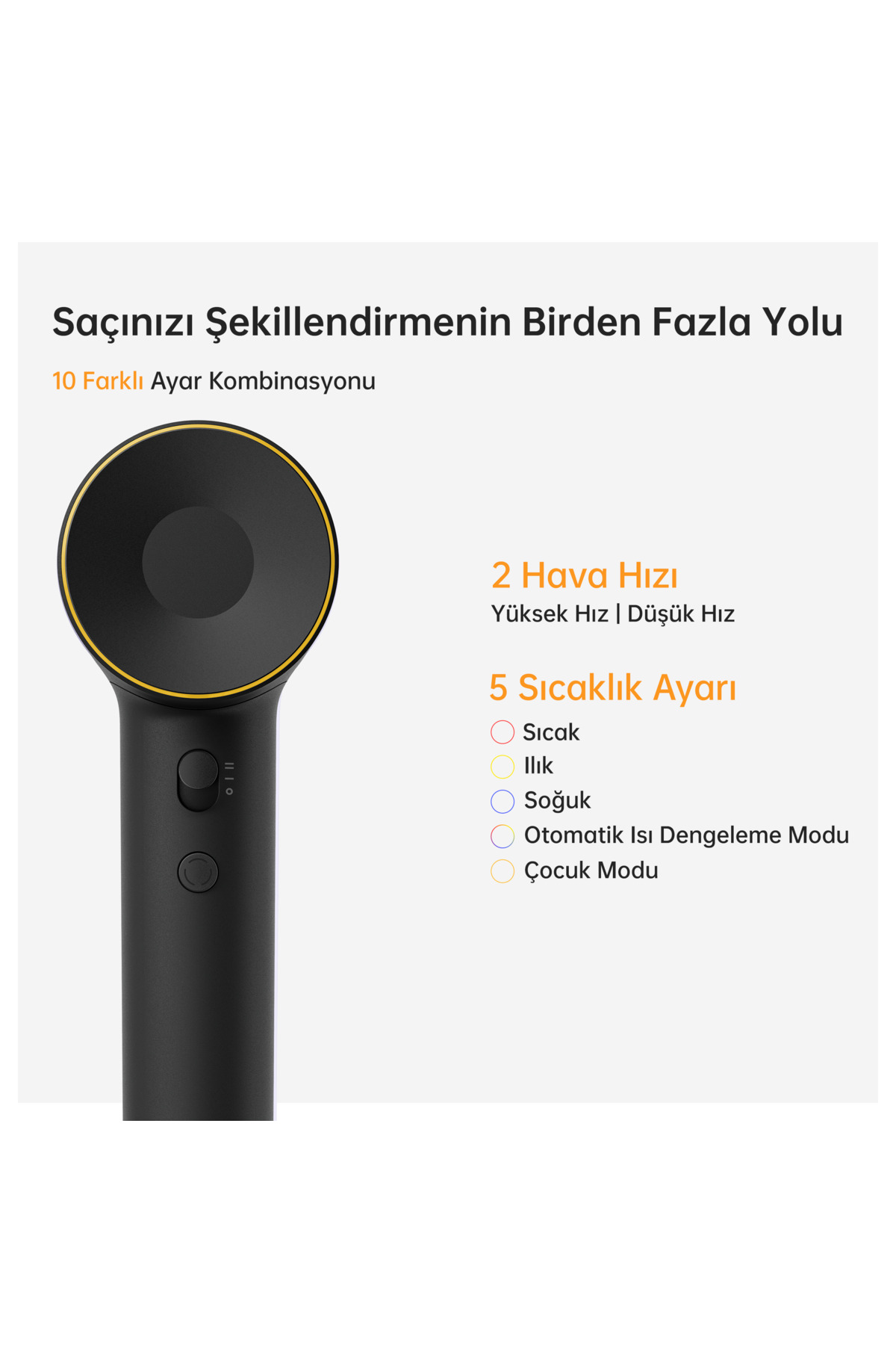 Altın halkalı siyah saç kurutma makinesi, 2 hız ve 5 sıcaklık ayarı seçeneklerini gösterir.