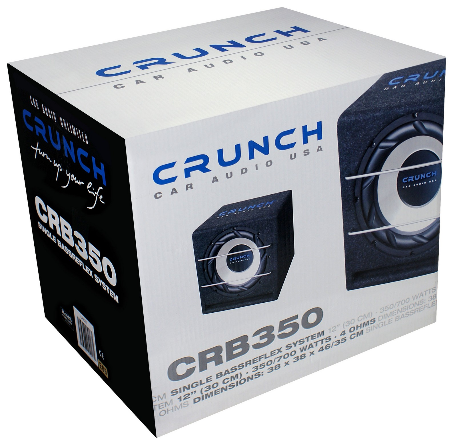 Verpackung eines Crunch CRB350 Subwoofers mit Abbildungen des Lautsprechers.