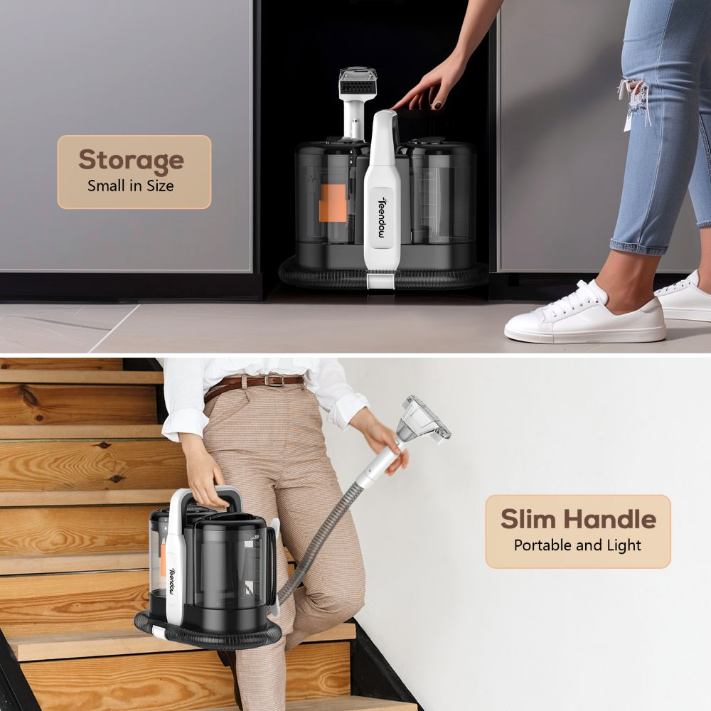 Se muestra una aspiradora con accesorios en una escalera de madera.
