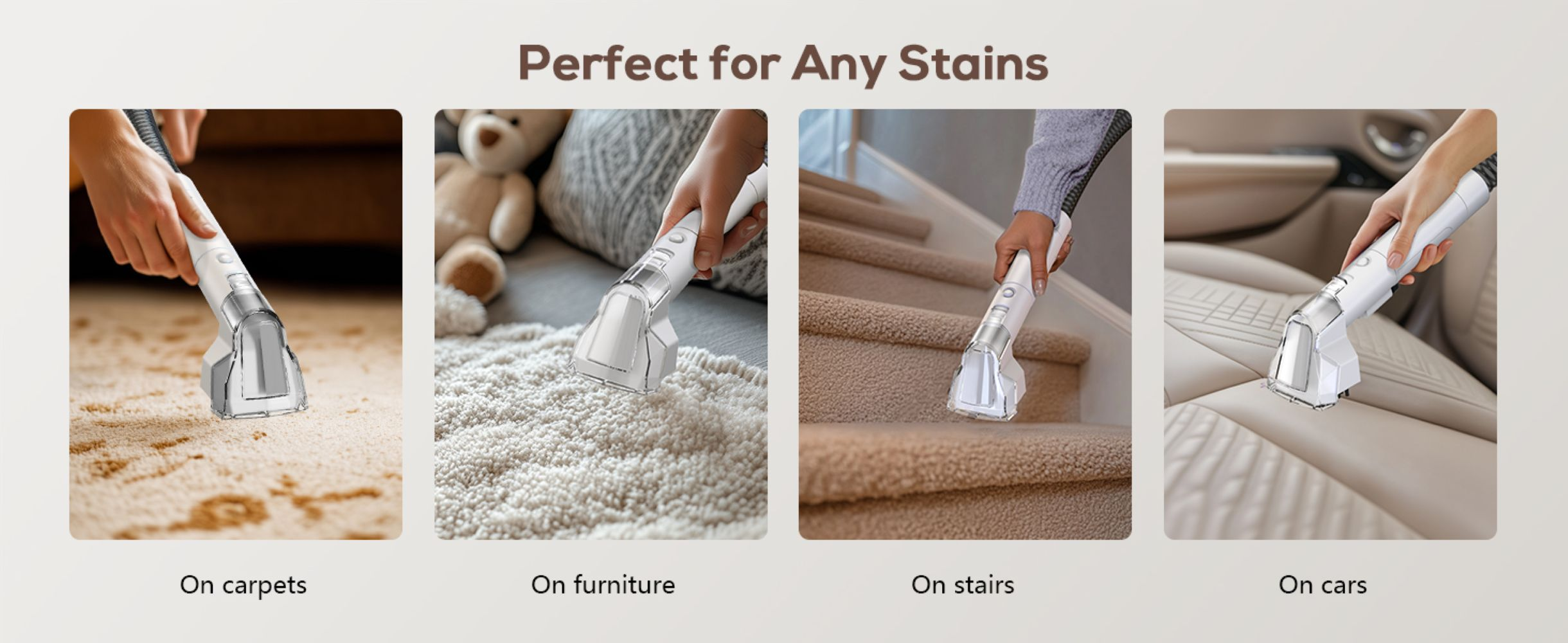 Una mano usa uno strumento di pulizia bianco su un tappeto beige.