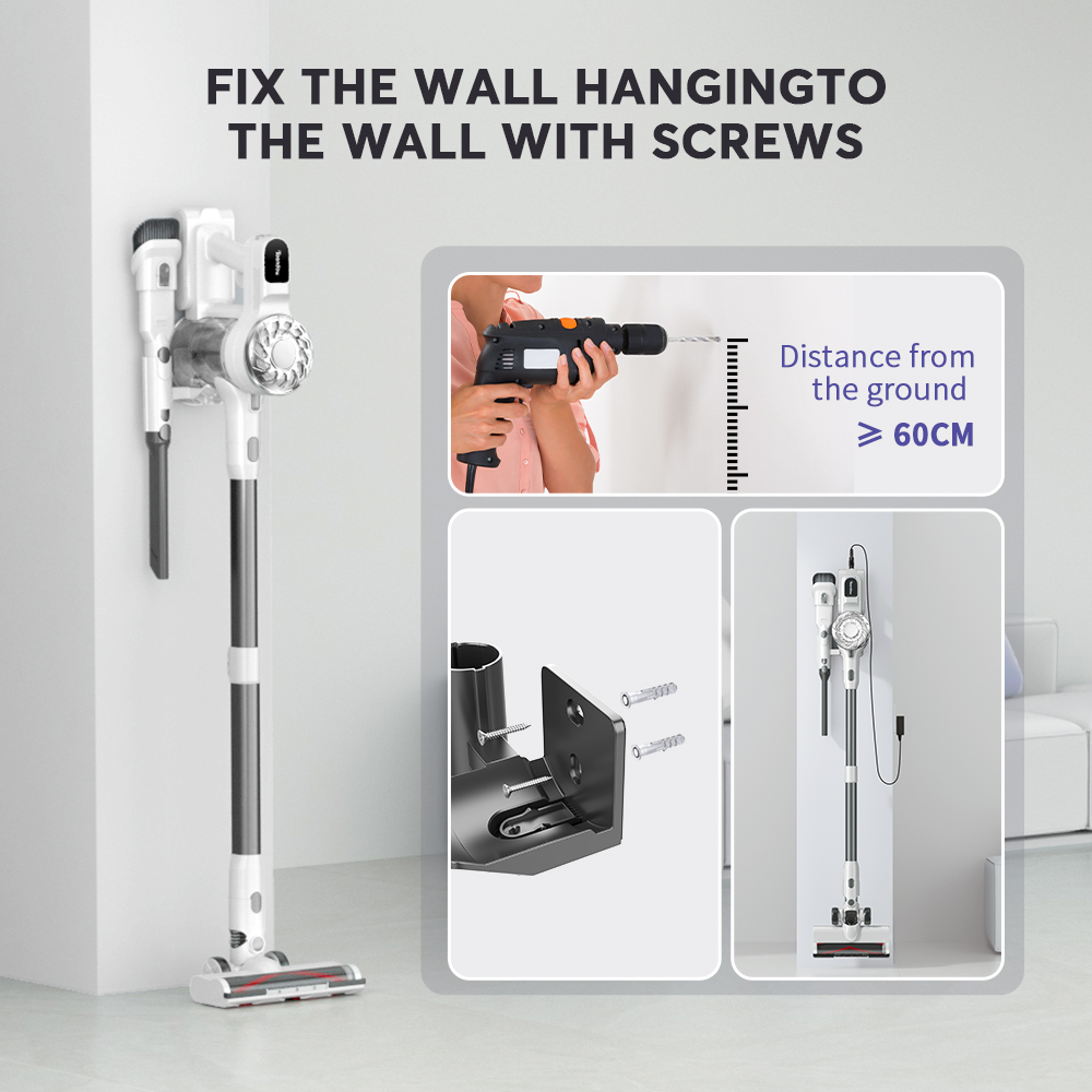 Instrucciones para montar en pared una aspiradora con tornillos y taladro.