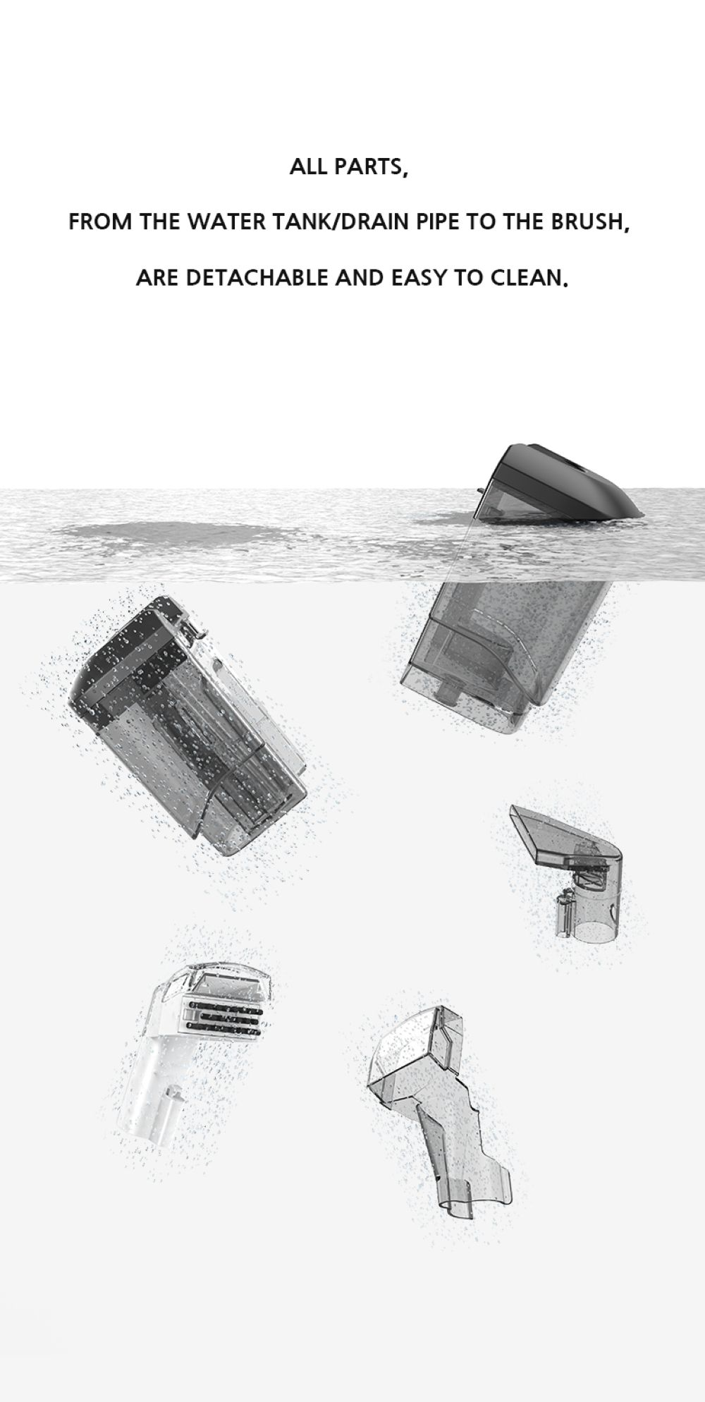 Partes desmontables de una aspiradora, algunas sumergidas en agua.