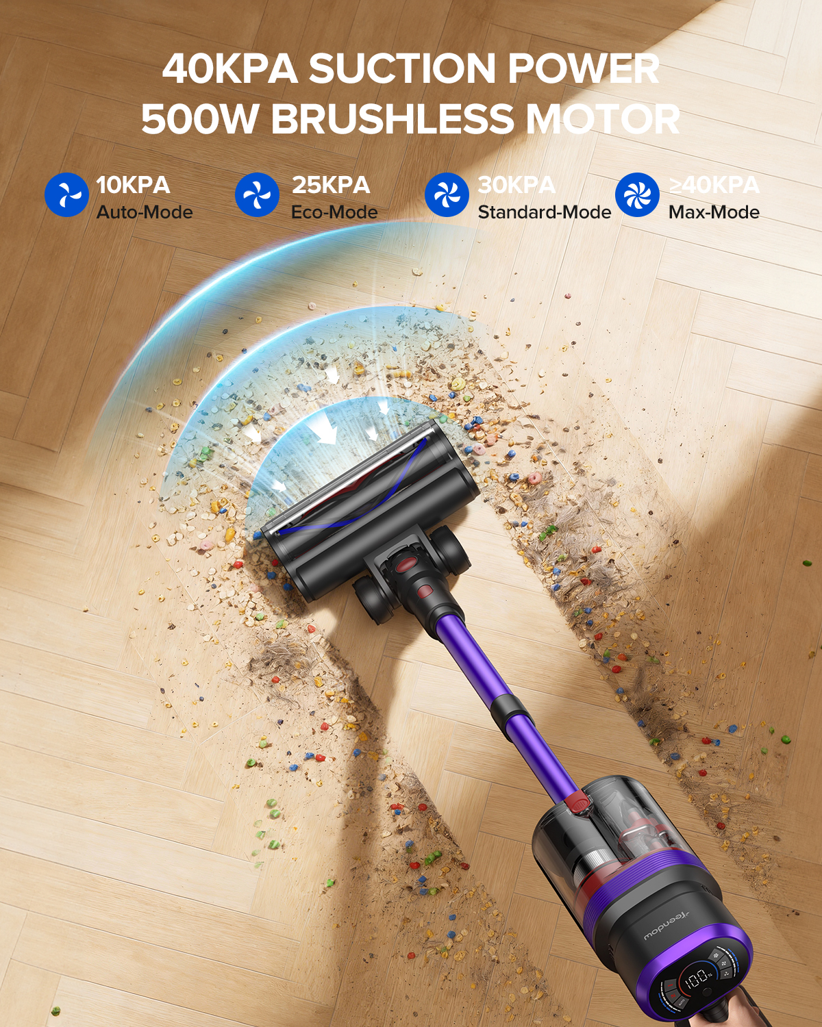 Aspiradora morada limpia suelo de madera de escombros con 40KPA de succión.