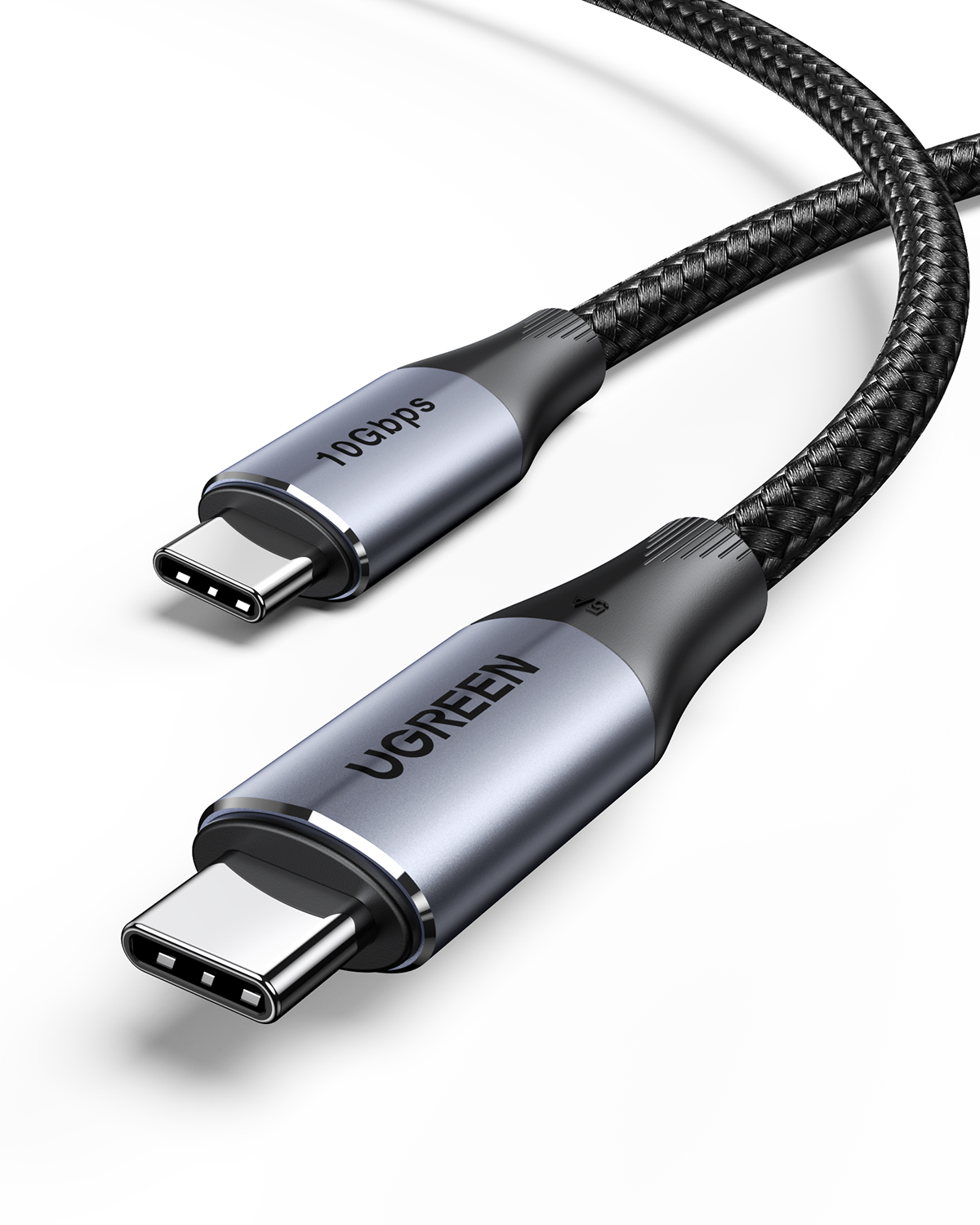 Un cavo USB-C nero con connettori argentati, etichettato 'UGREEN' e '10Gbps'.