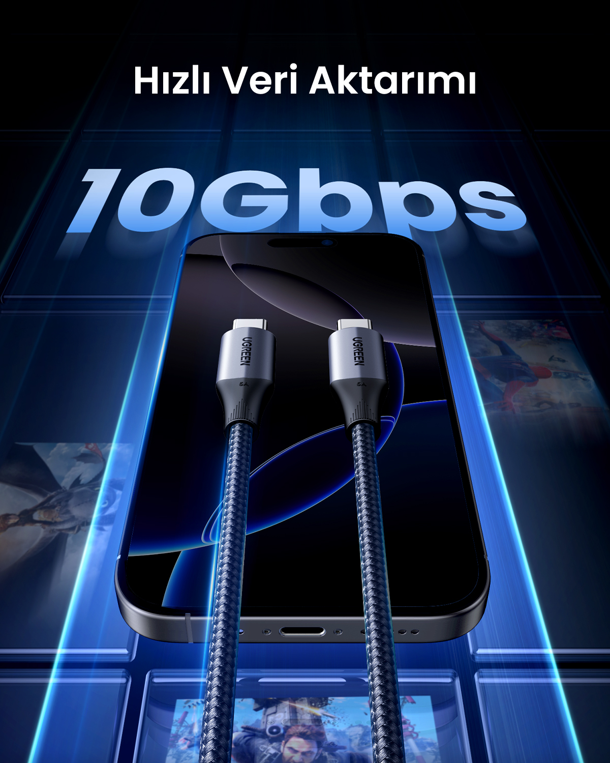 Uno smartphone con due cavi USB-C e la scritta 10Gbps.