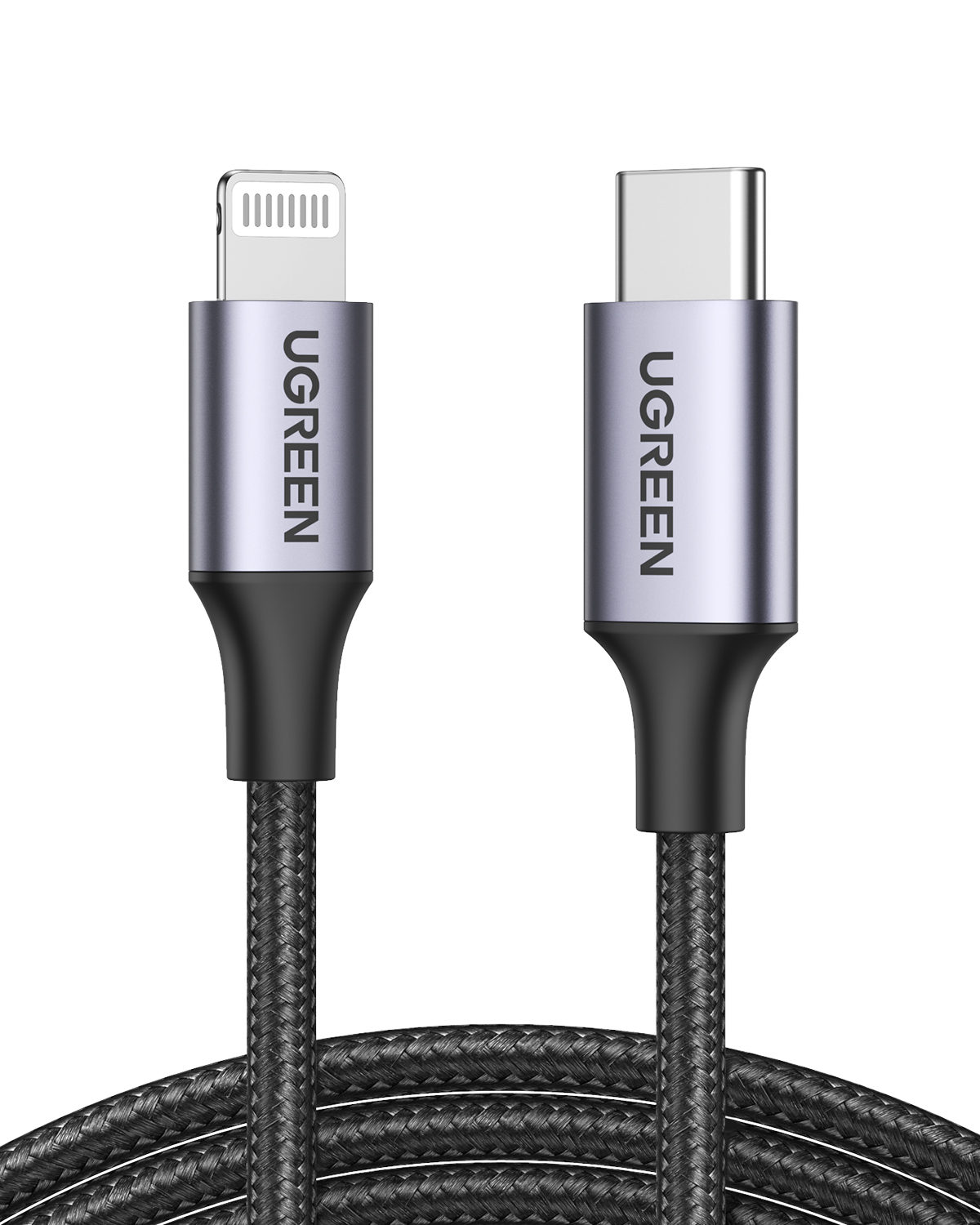 Due cavi di ricarica UGREEN, uno con connettore Lightning e uno USB-C.