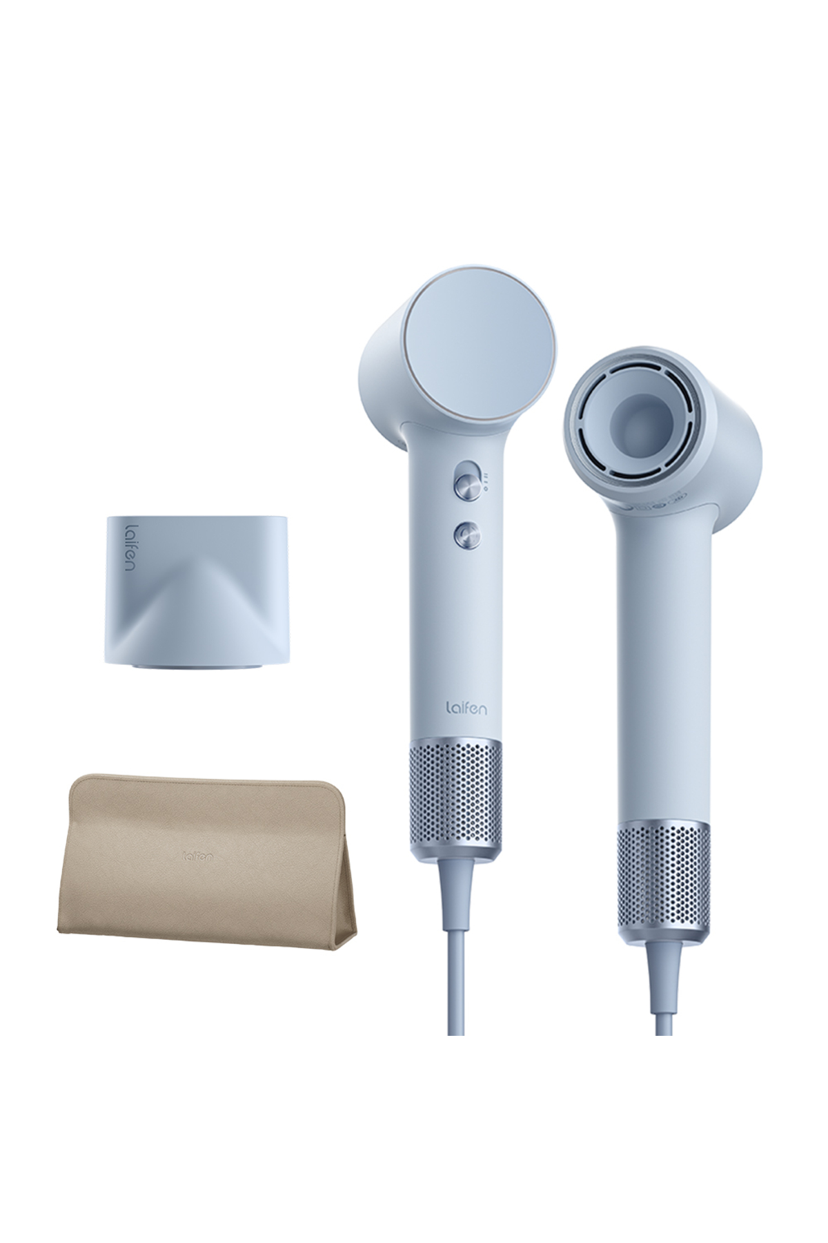 Due asciugacapelli azzurri con griglie argentate e accessori su sfondo bianco.