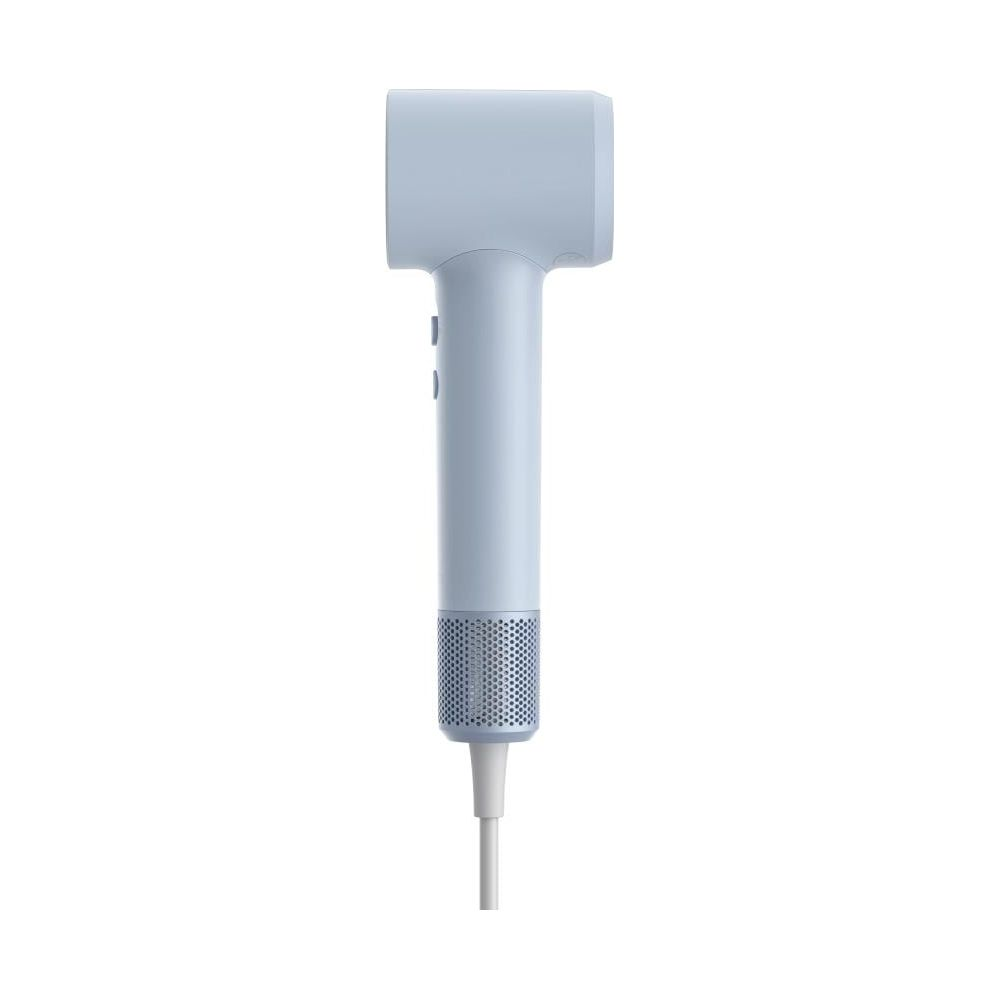 Un asciugacapelli azzurro con cavo bianco, su sfondo bianco.