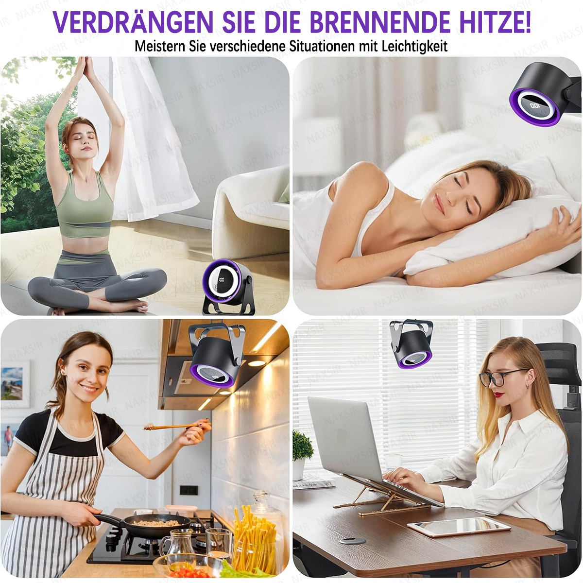 Vier Szenen: Yoga, Frau schläft, Kochen, Frau am Laptop.