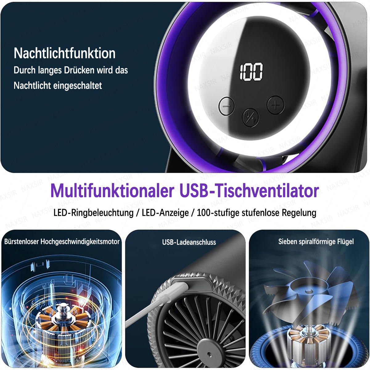 Multifunktionaler USB-Tischventilator mit Nachtlichtfunktion, LED-Anzeige und 100 Stufen.