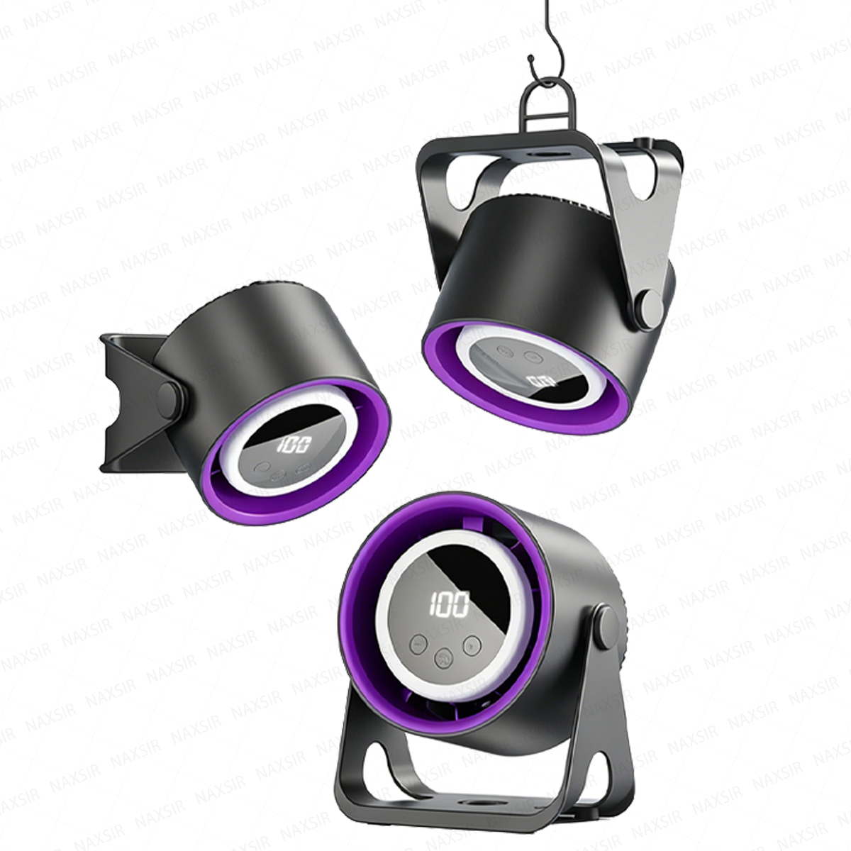 Drei schwarze Lampen mit violetter Umrandung und Digitalanzeige auf weißem Hintergrund.