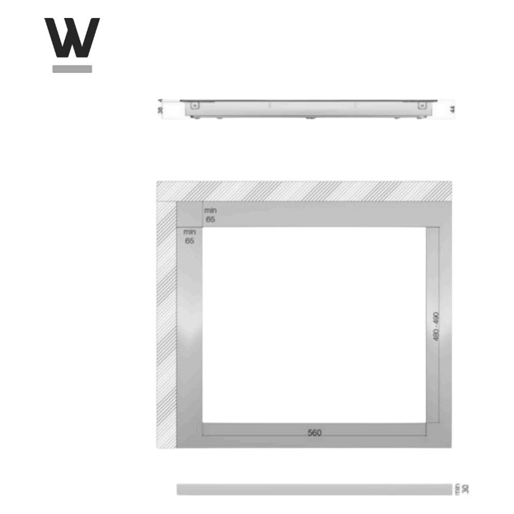 Technical drawing with dimensions for built-in appliances. Shows installation size and shape.