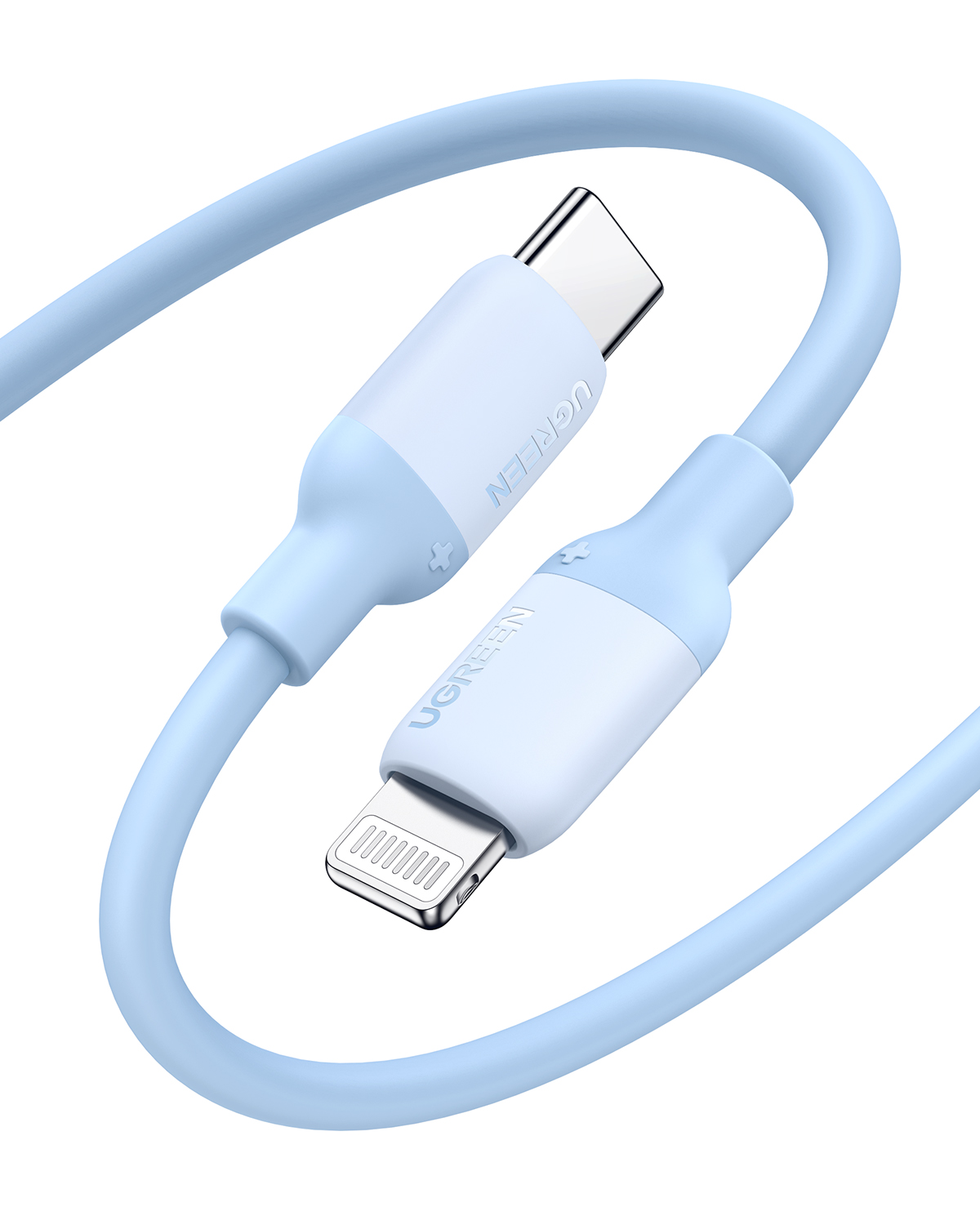 Beyaz vurgulu, açık mavi USB-C - Lightning kablosu, beyaz arka plan üzerinde.