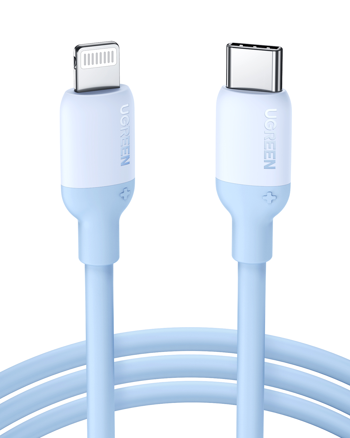 Lightning ve USB-C konektörlü iki mavi şarj kablosu.