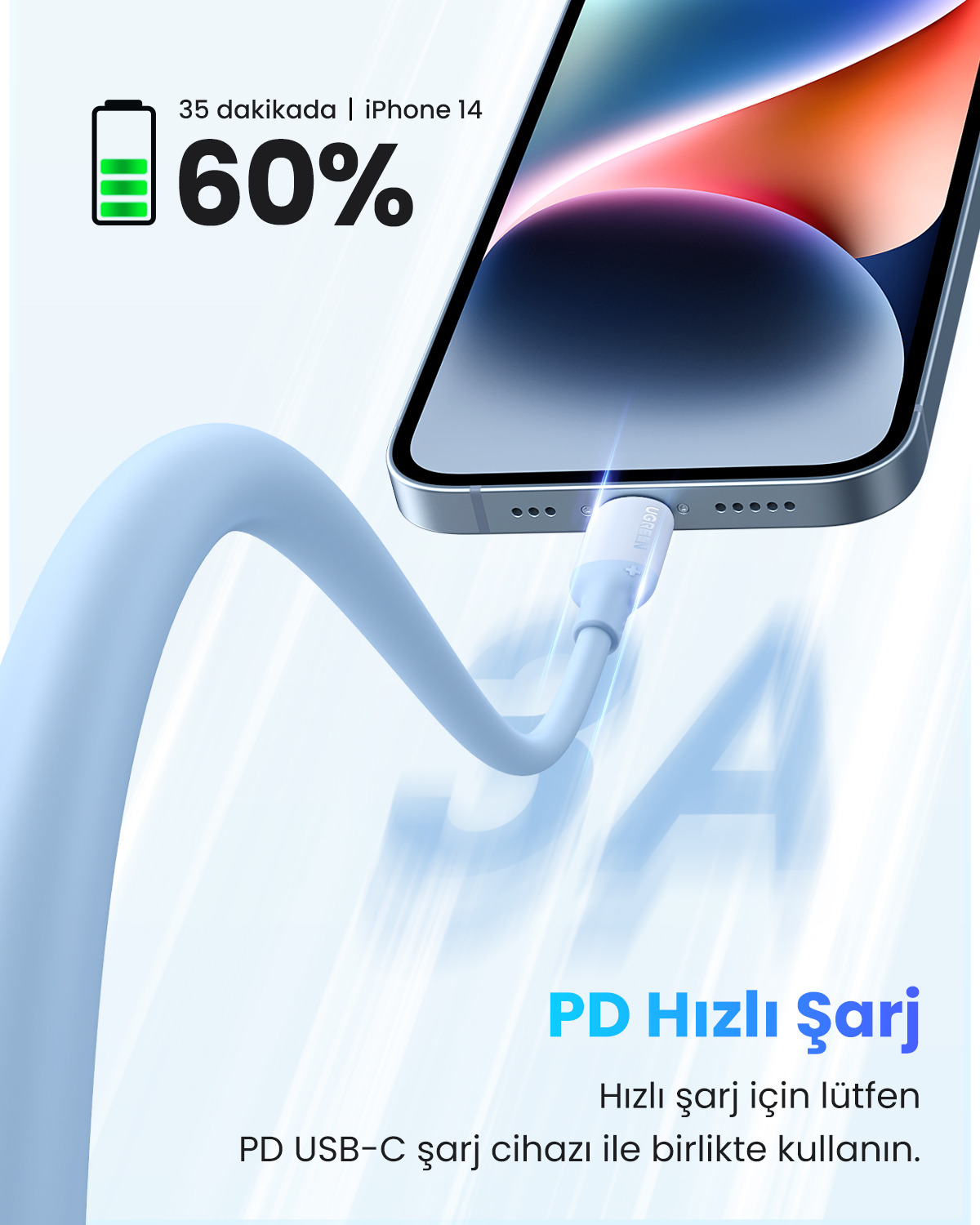 iPhone 14 %60 şarj oluyor. Beyaz bir kablo bağlı.