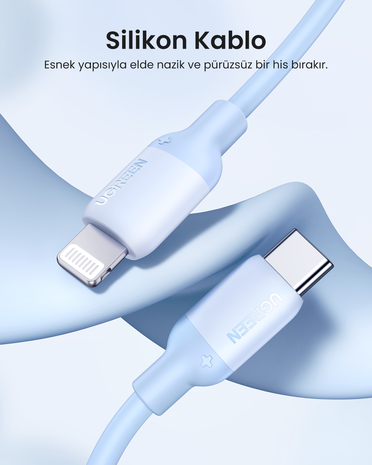 Açık mavi bir UGREEN USB-C ve Lightning kablosu.