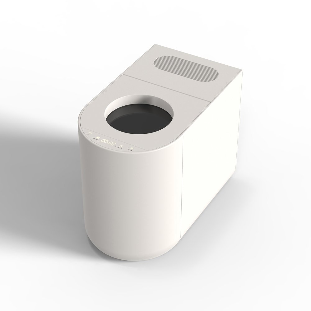 Un purificatore d'aria moderno bianco con ingresso rotondo e fessure di ventilazione.