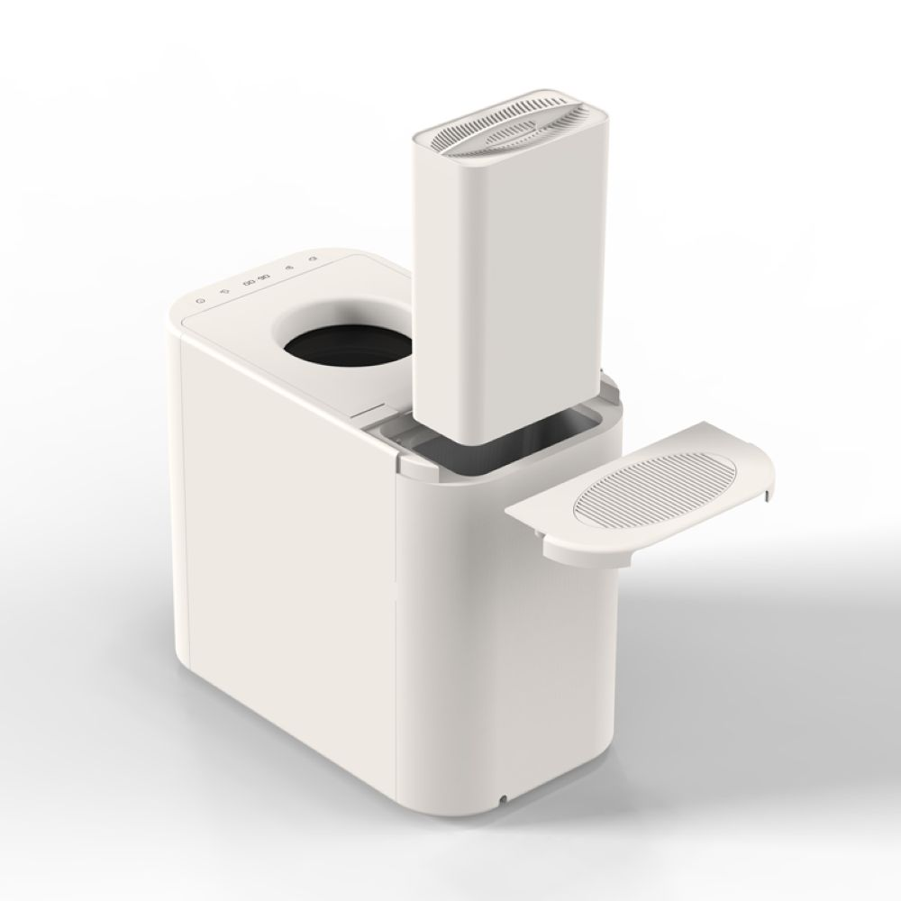 Un purificatore d'aria bianco con filtro rimovibile e coperchio staccato.