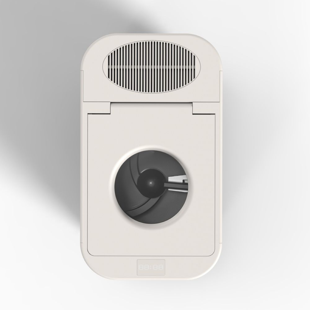 Un apparecchio bianco con una ventola rotonda e scura e una griglia in alto.