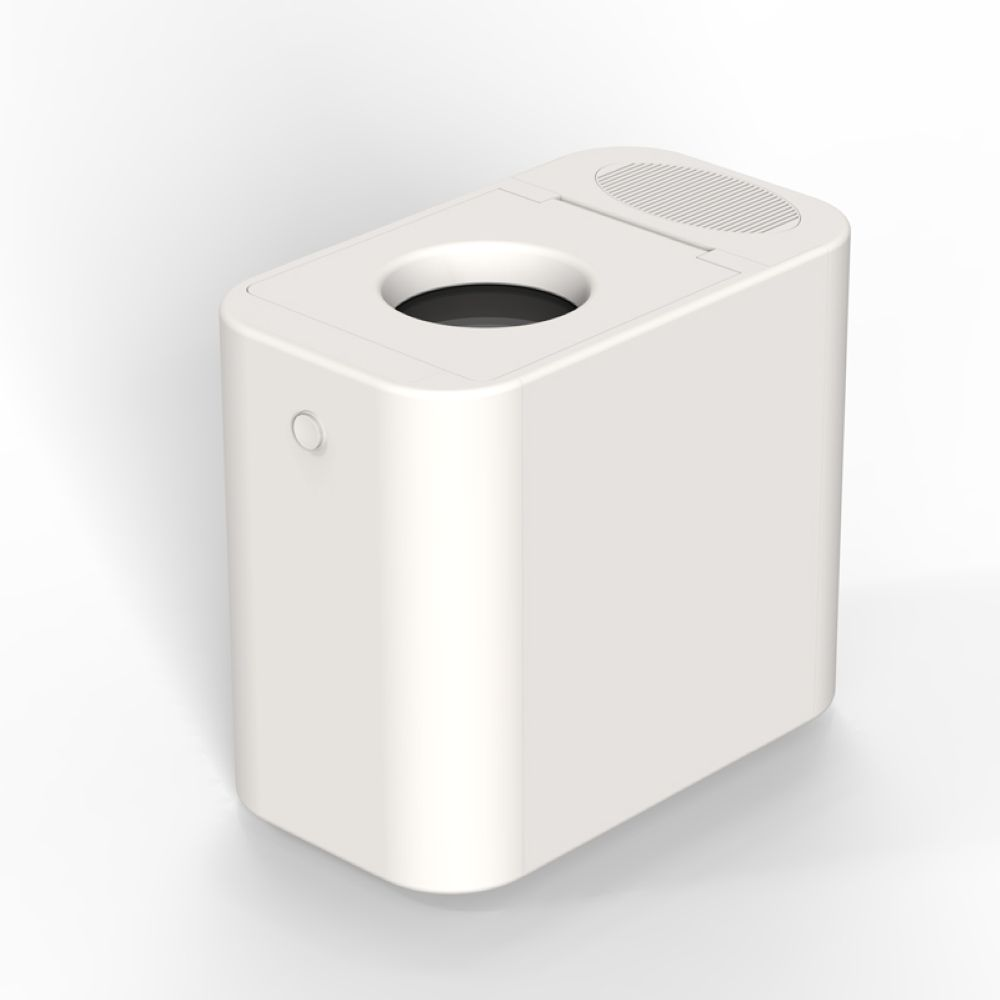 Un cestino bianco rettangolare con un'apertura rotonda e una griglia di ventilazione.
