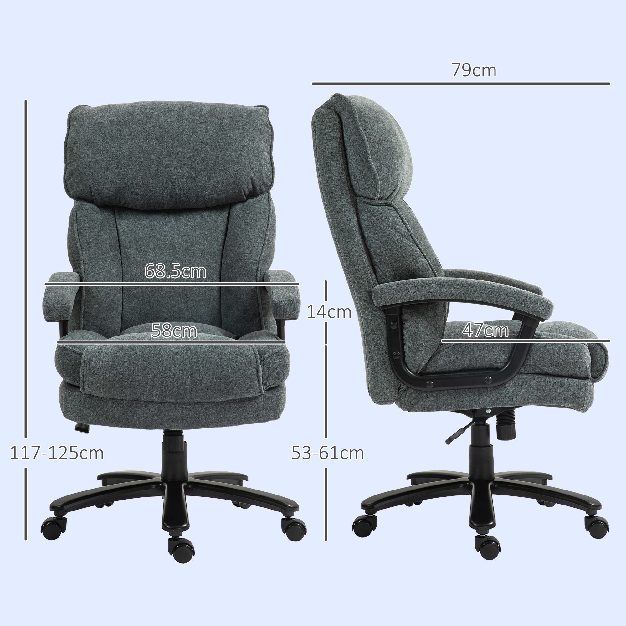 Sedia da ufficio grigia con dimensioni: 79cm larghezza, 117-125cm altezza, 58cm profondità seduta.