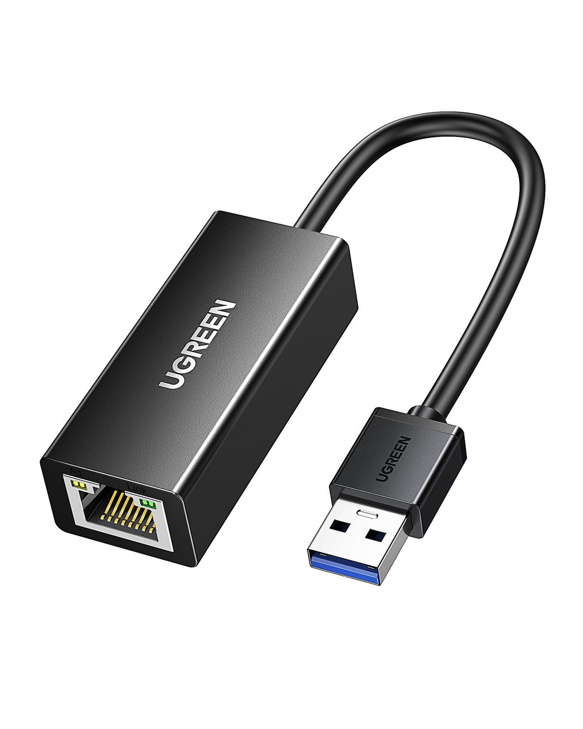UGREEN siyah USB - Ethernet adaptörü mavi USB 3.0 konektörlü.