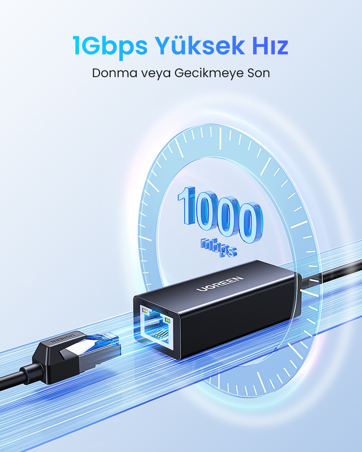 1000 Mbps hız göstergeli siyah bir UGREEN adaptörü ve ağ kabloları.