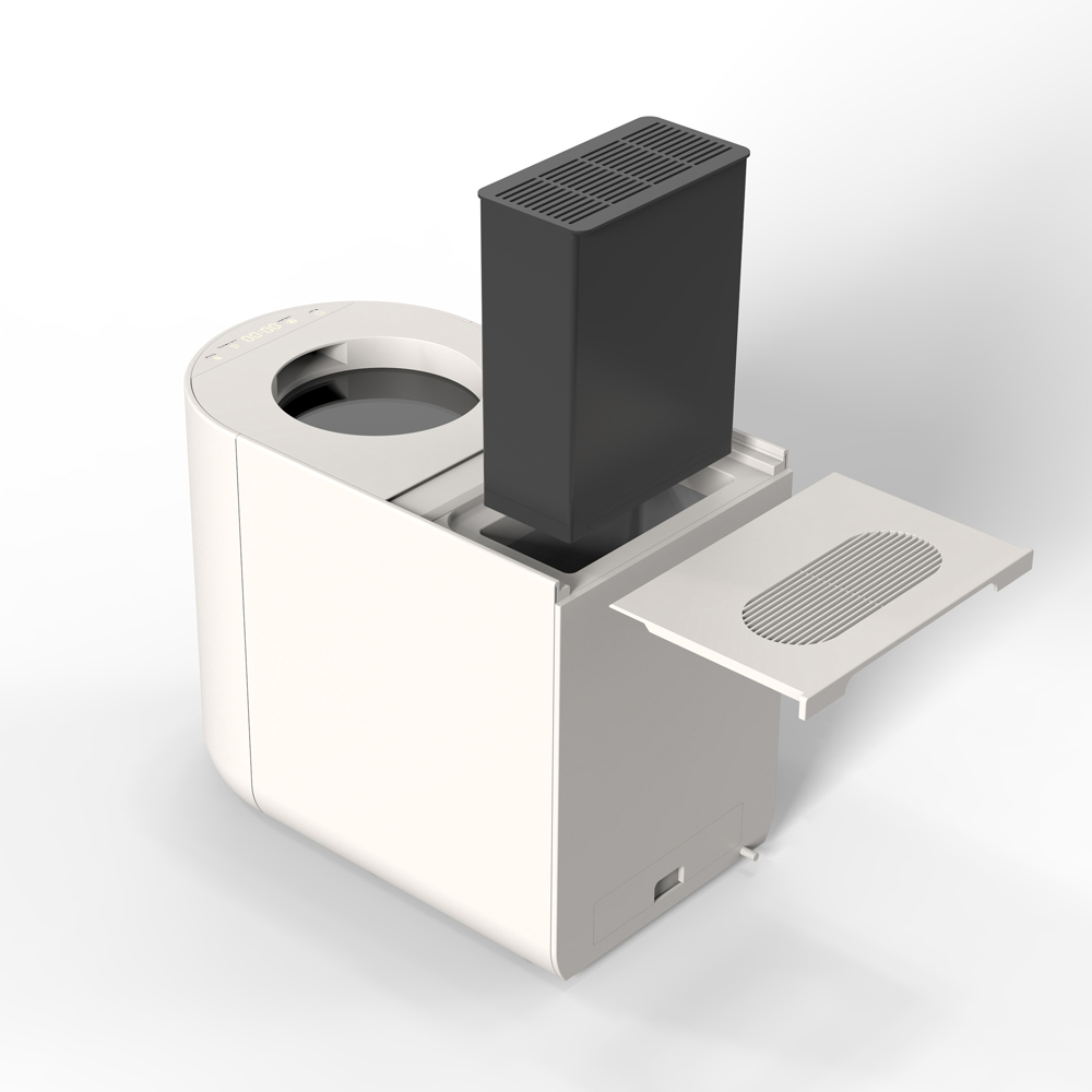 Un purificatore d'aria bianco con un filtro rettangolare scuro che viene inserito.