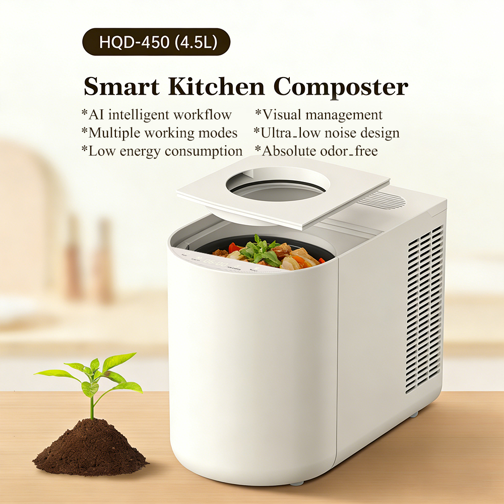 Un composter da cucina smart bianco con coperchio e cibo, accanto a un piccolo germoglio.
