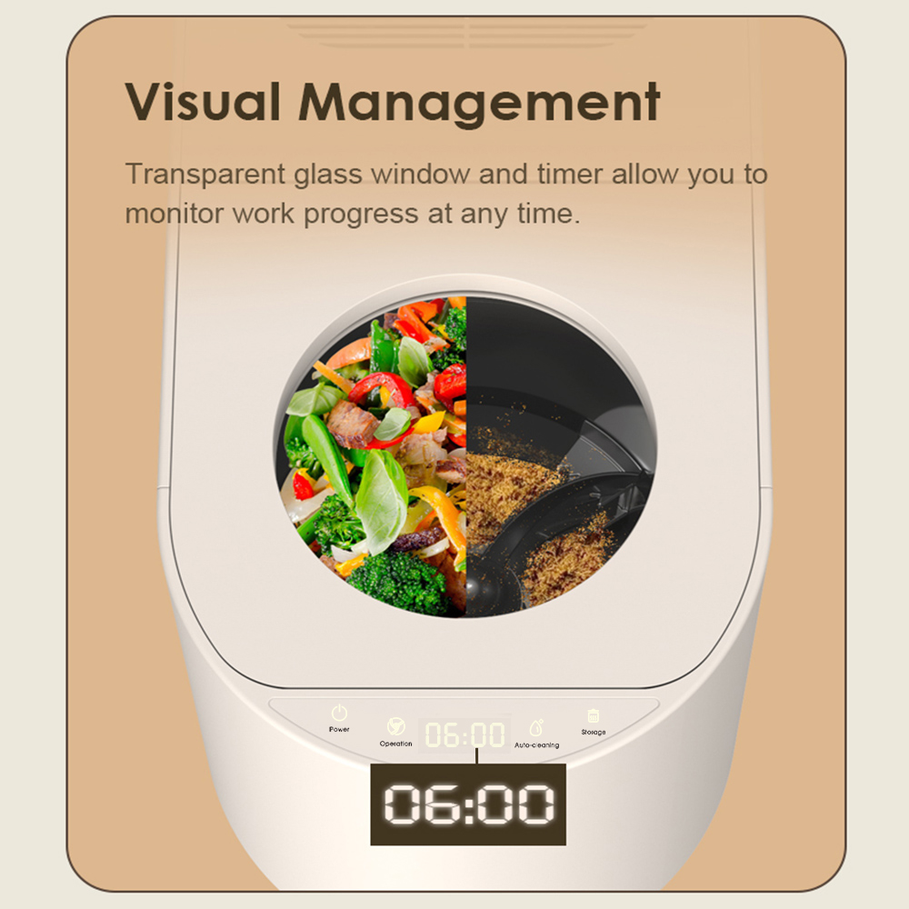Un timer da cucina beige con finestra di visualizzazione mostra verdure fresche e briciole secche.