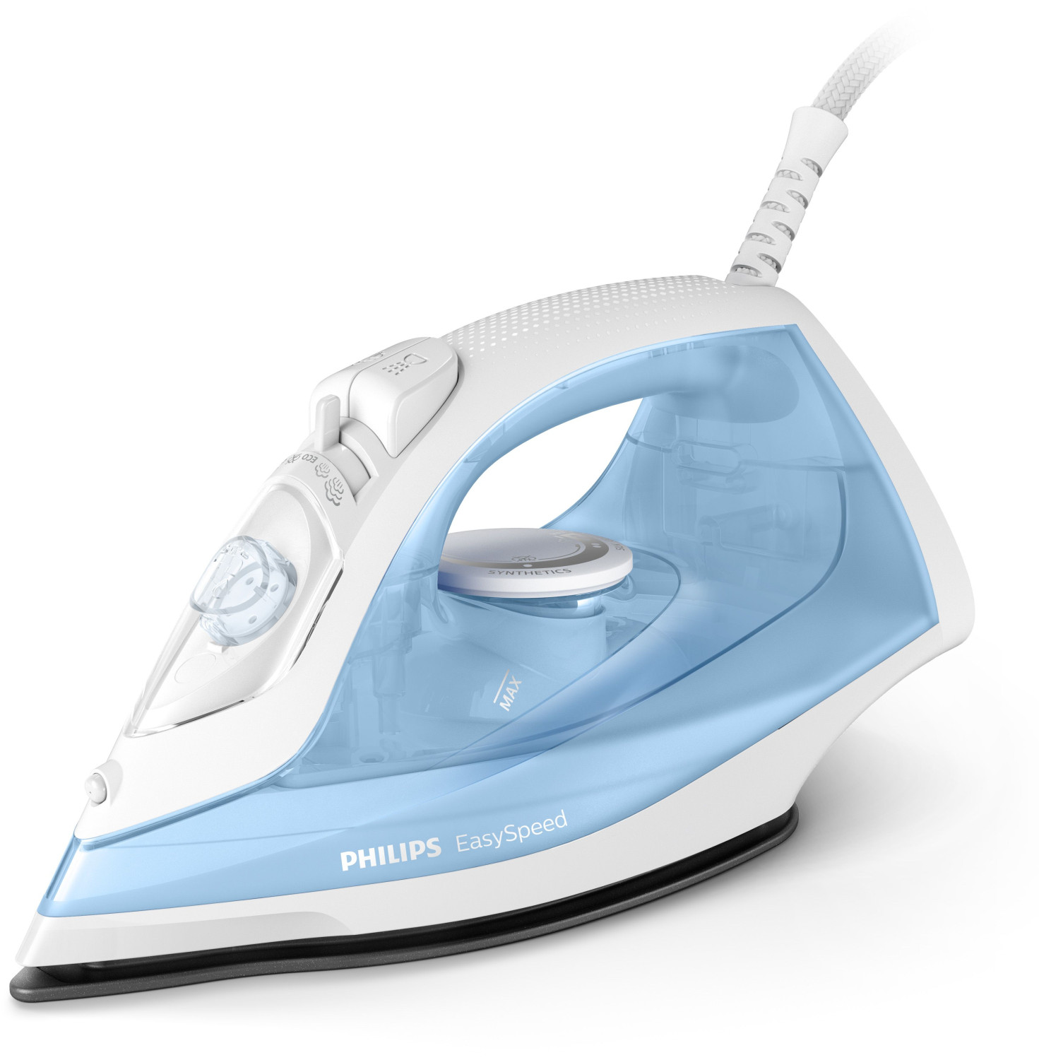 Un ferro da stiro Philips bianco e blu su sfondo bianco.