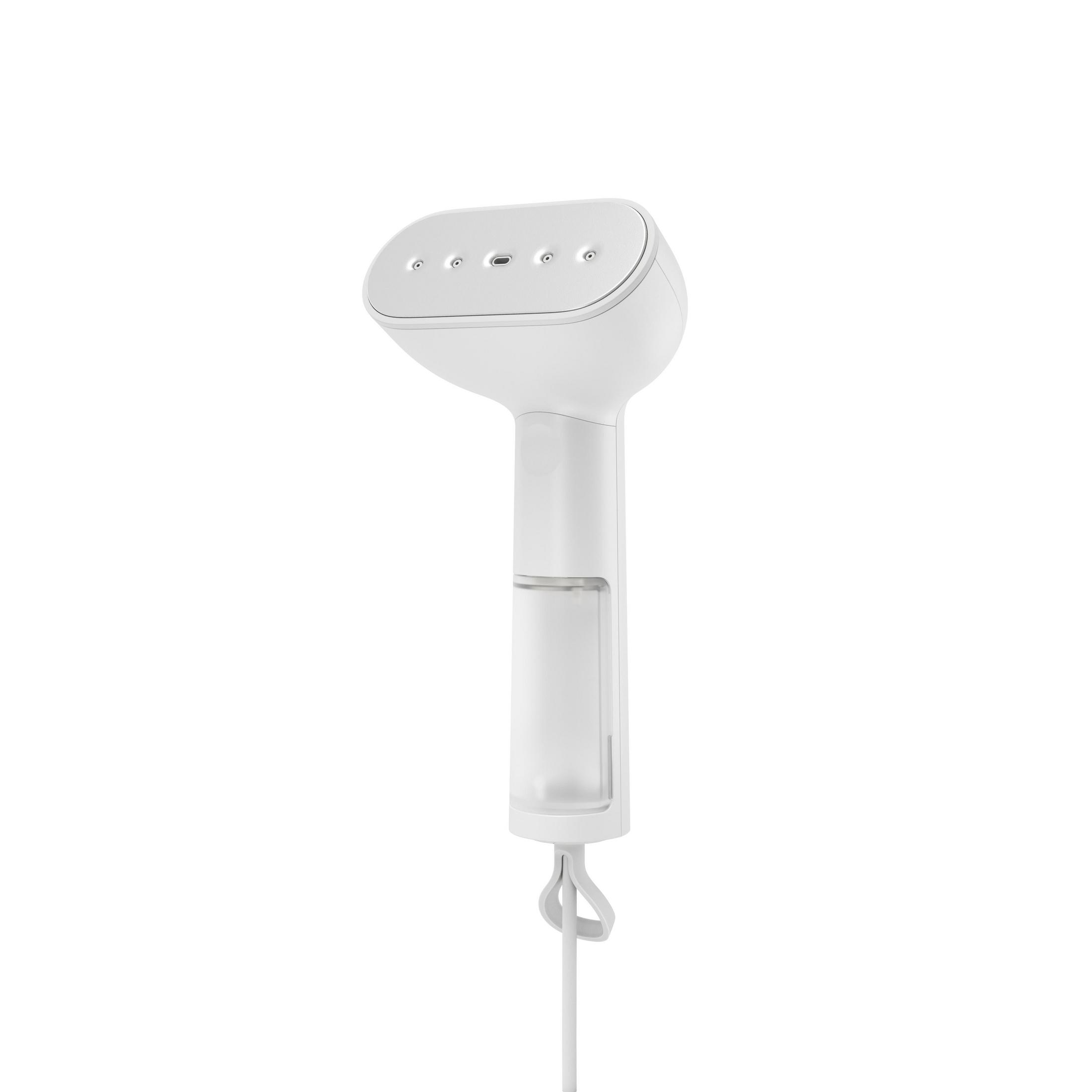 Un vaporizzatore per abiti bianco portatile con serbatoio trasparente e cavo.