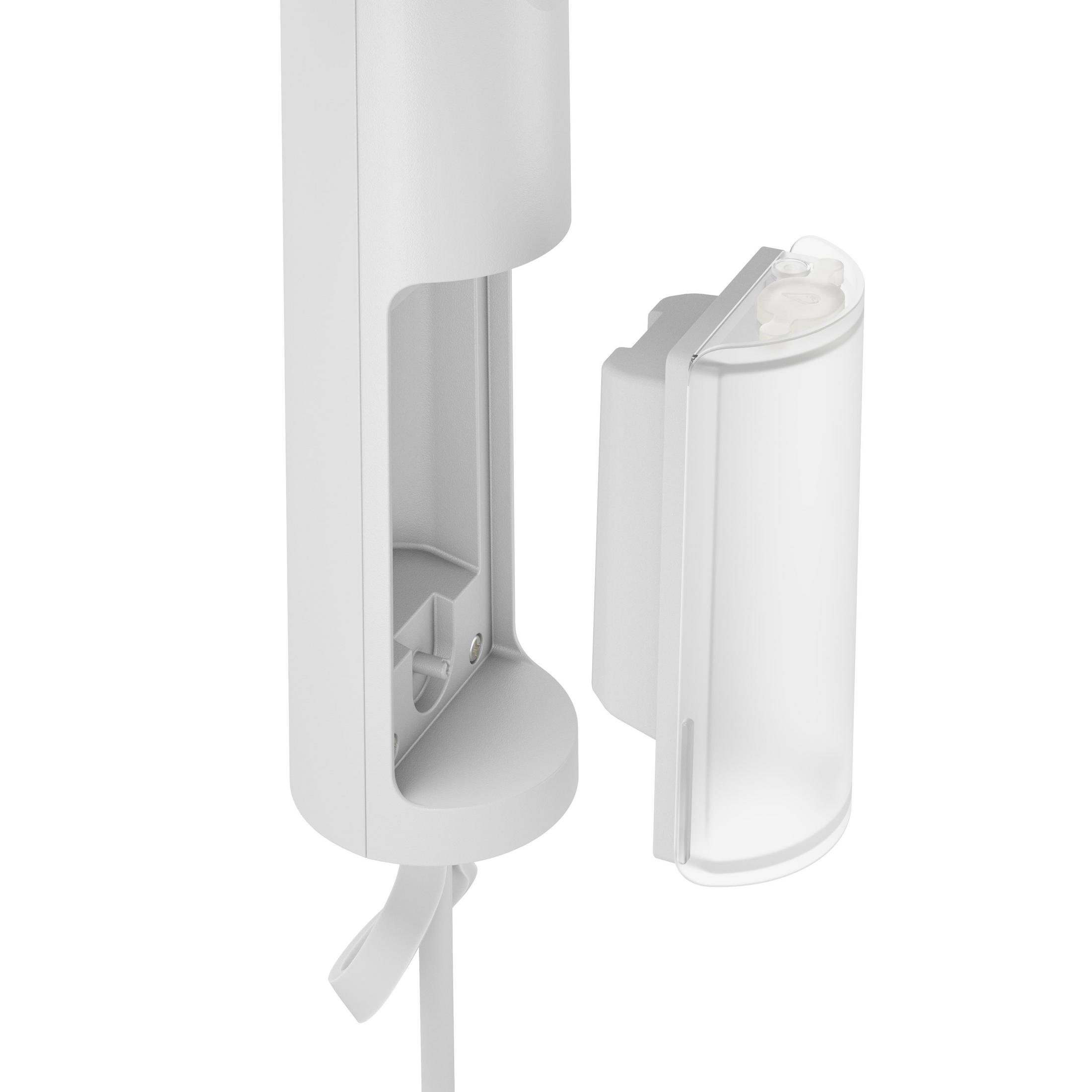 Un dispenser di sapone bianco con serbatoio trasparente rimovibile.