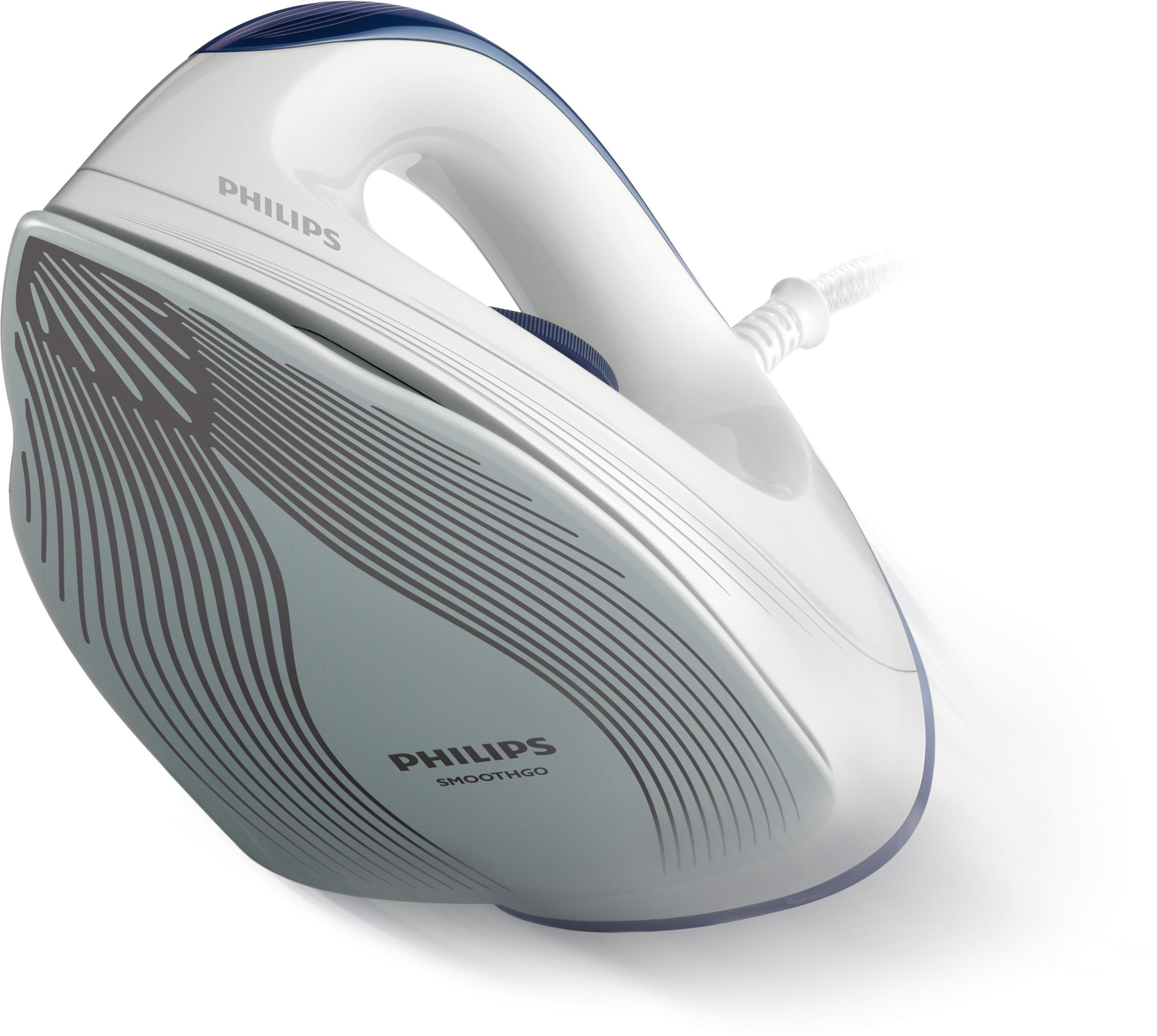 Una plancha de vapor Philips blanca con detalles azules y cable.
