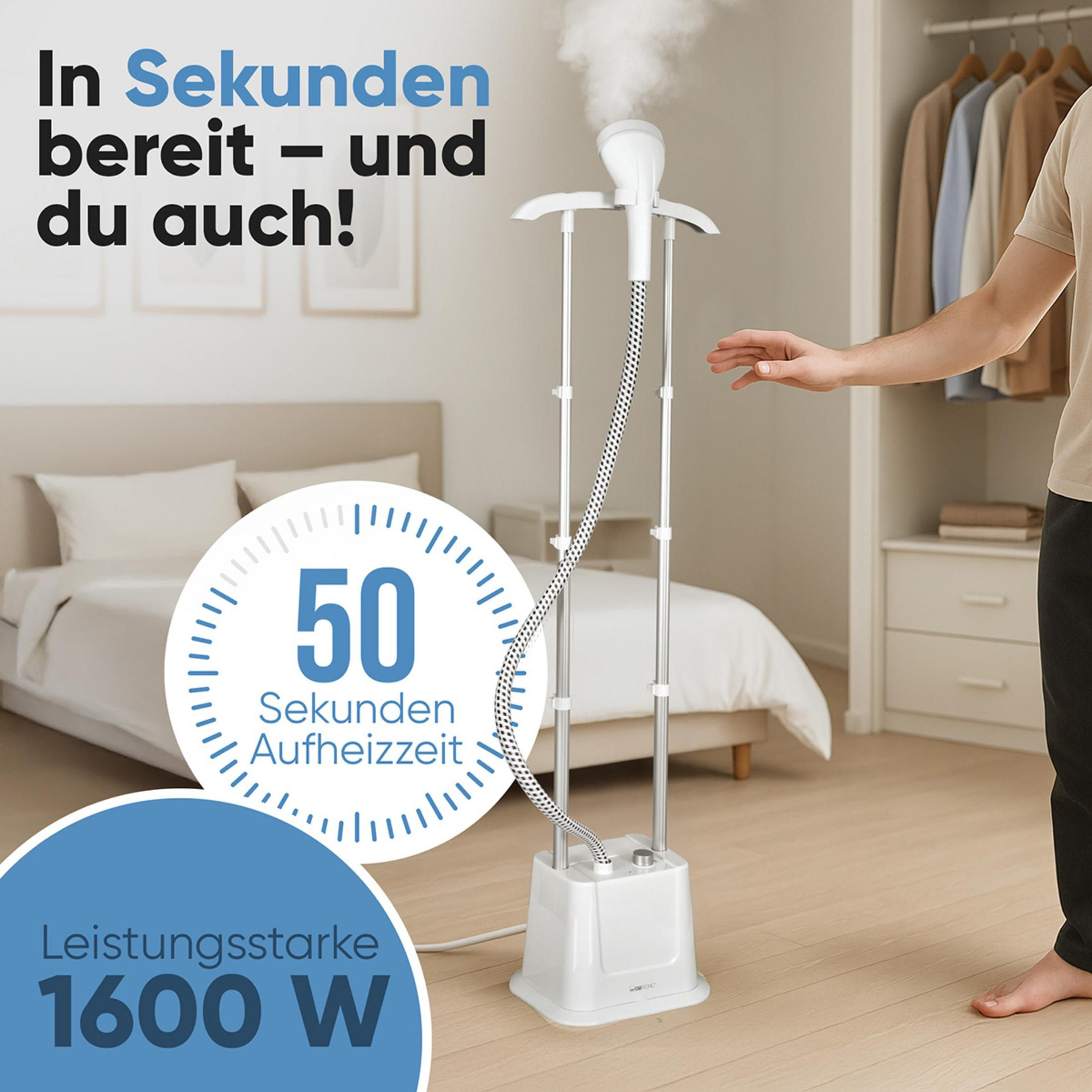 Dampfglätter mit 1600W und 50s Aufheizzeit neben einem Bett und Kleiderschrank.