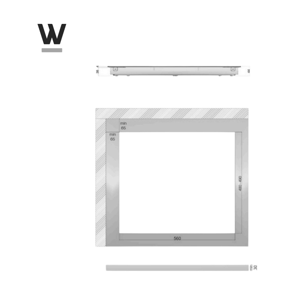 Technische tekening met afmetingen van een rechthoekige uitsparing. "W" logo linksboven.