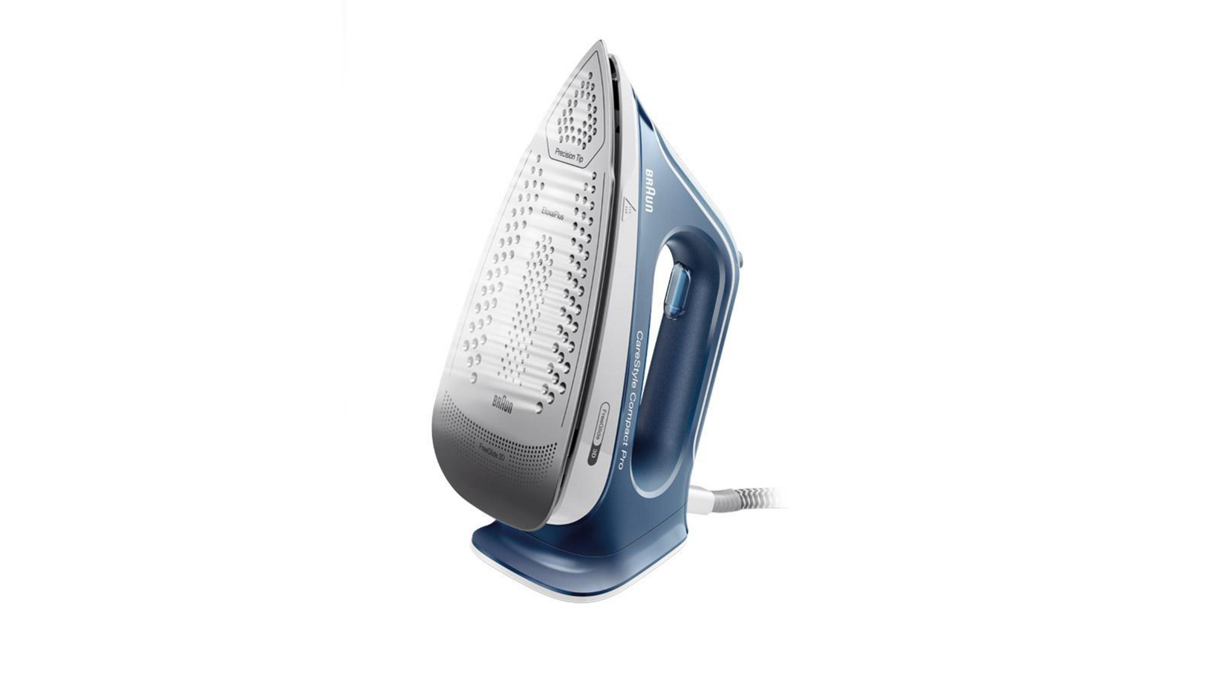 Una plancha de vapor Braun azul y plateada con un diseño elegante.