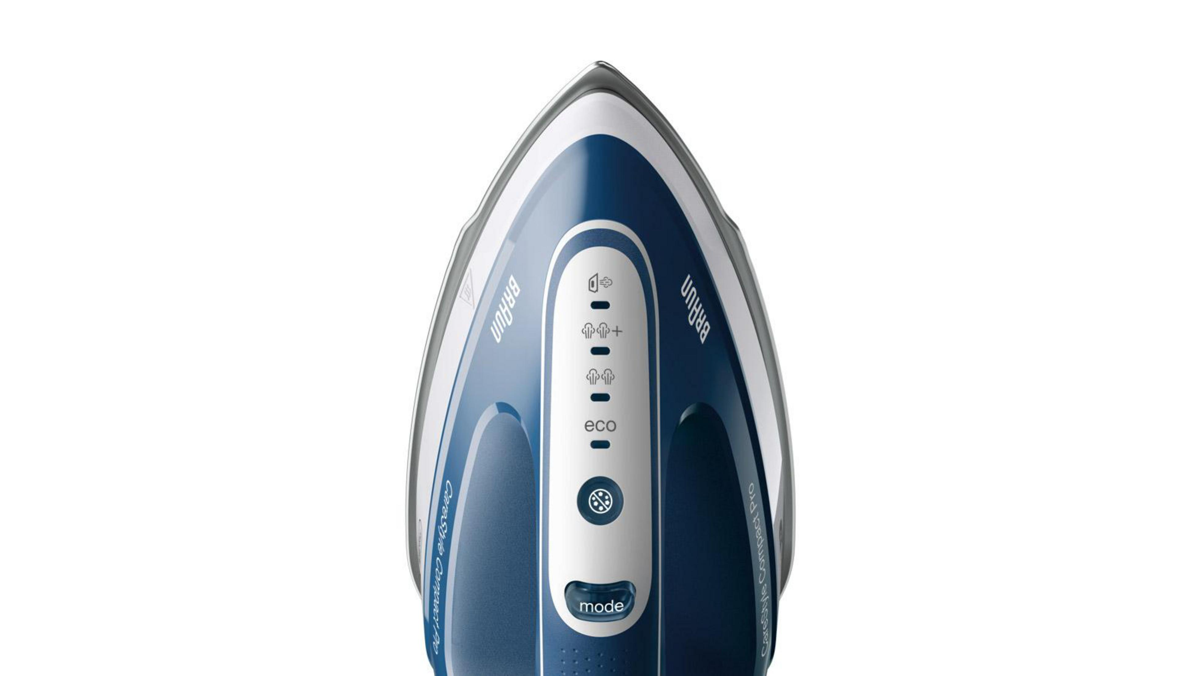 Una plancha Braun azul y blanca con botones de control.