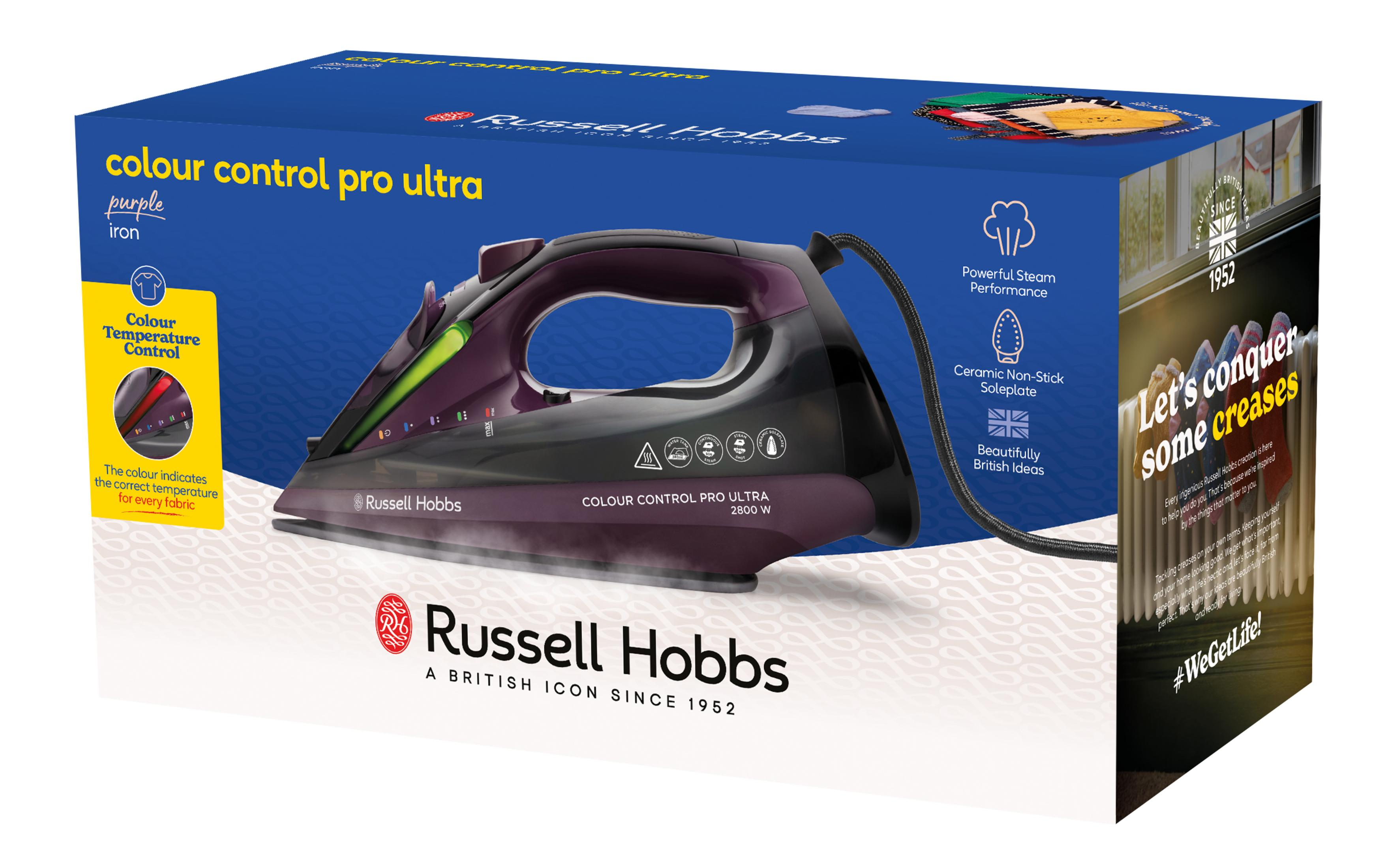 Ein lila Russell Hobbs Bügeleisen mit Dampf und Temperaturkontrollanzeige auf der Verpackung.