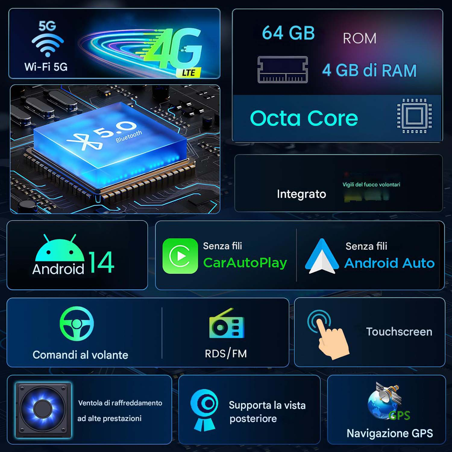 Grafica per autoradio con 5G, 4G, Bluetooth, 64 GB ROM, 4 GB RAM, Octa Core, Android 14.