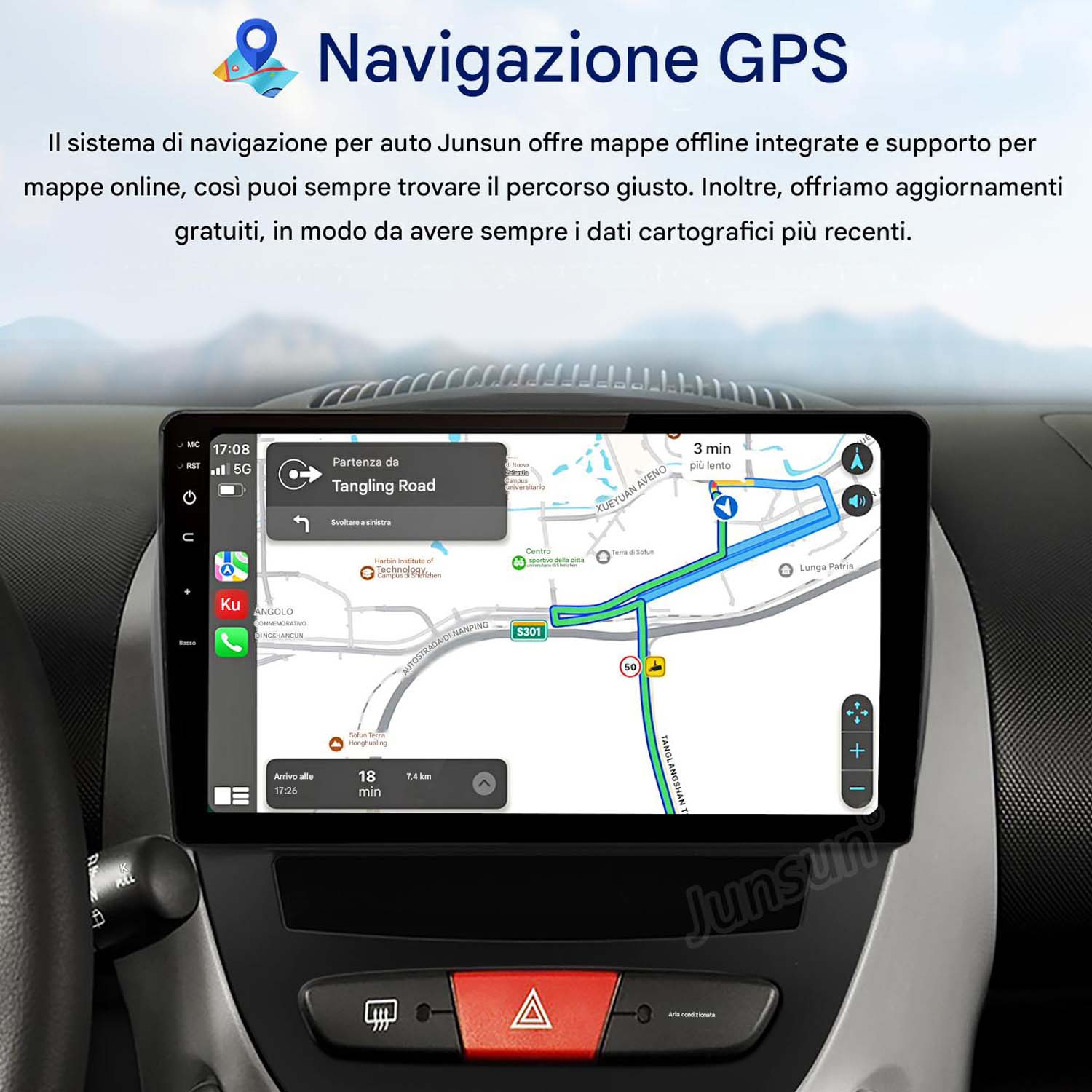 Un sistema di navigazione per auto mostra una mappa con guida stradale e informazioni sul traffico.